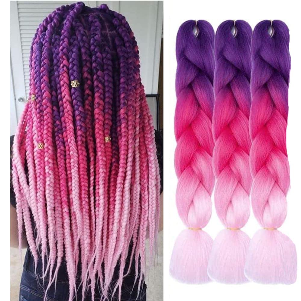 Cabello trenzado de mezcla de fibras sintéticas sedosas, tamaño jumbo, colores de arcoíris morado, rojo y rosa, extensiones de cabello Kanekalon