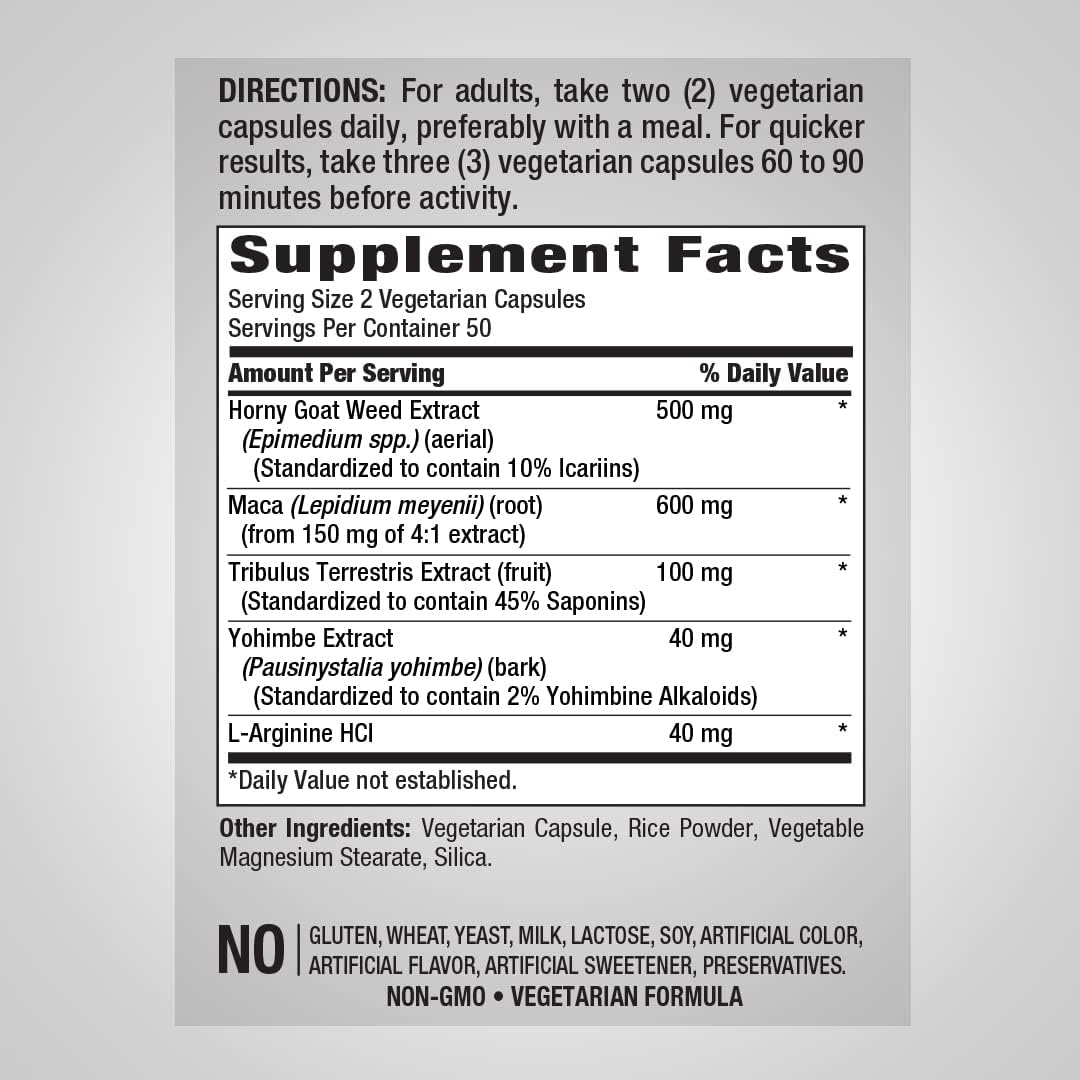 Piping Rock Horny Goat Weed Complex  100 cápsulas  Suplemento de extracto definitivo para hombres  Vegetariano, sin OMG, sin gluten