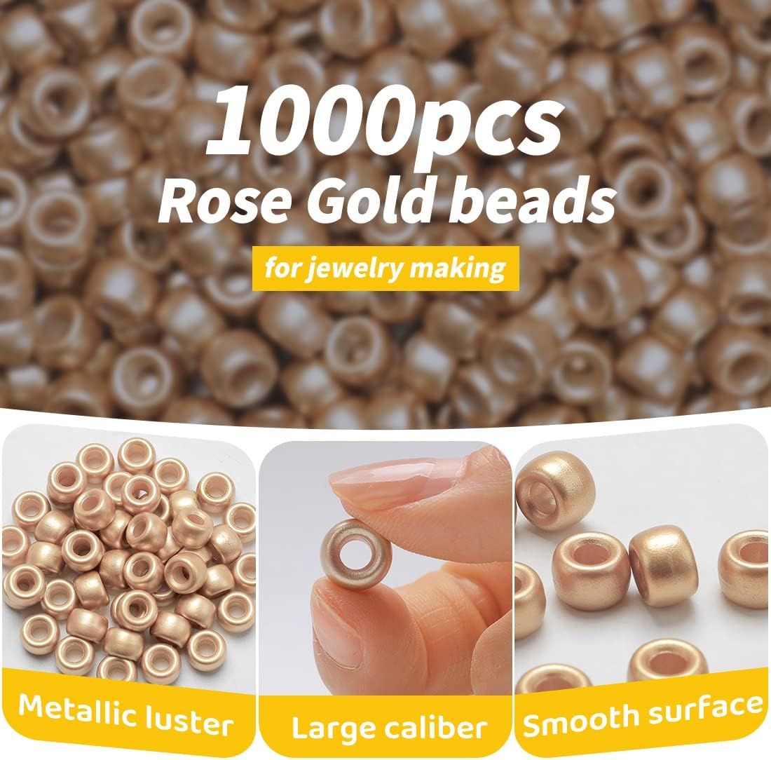 1000 cuentas de poni de oro rosa (0.23 x 0.315 pulgadas), cuentas para manualidades, cuentas para hacer joyas, cuentas de poni a granel, cuentas de