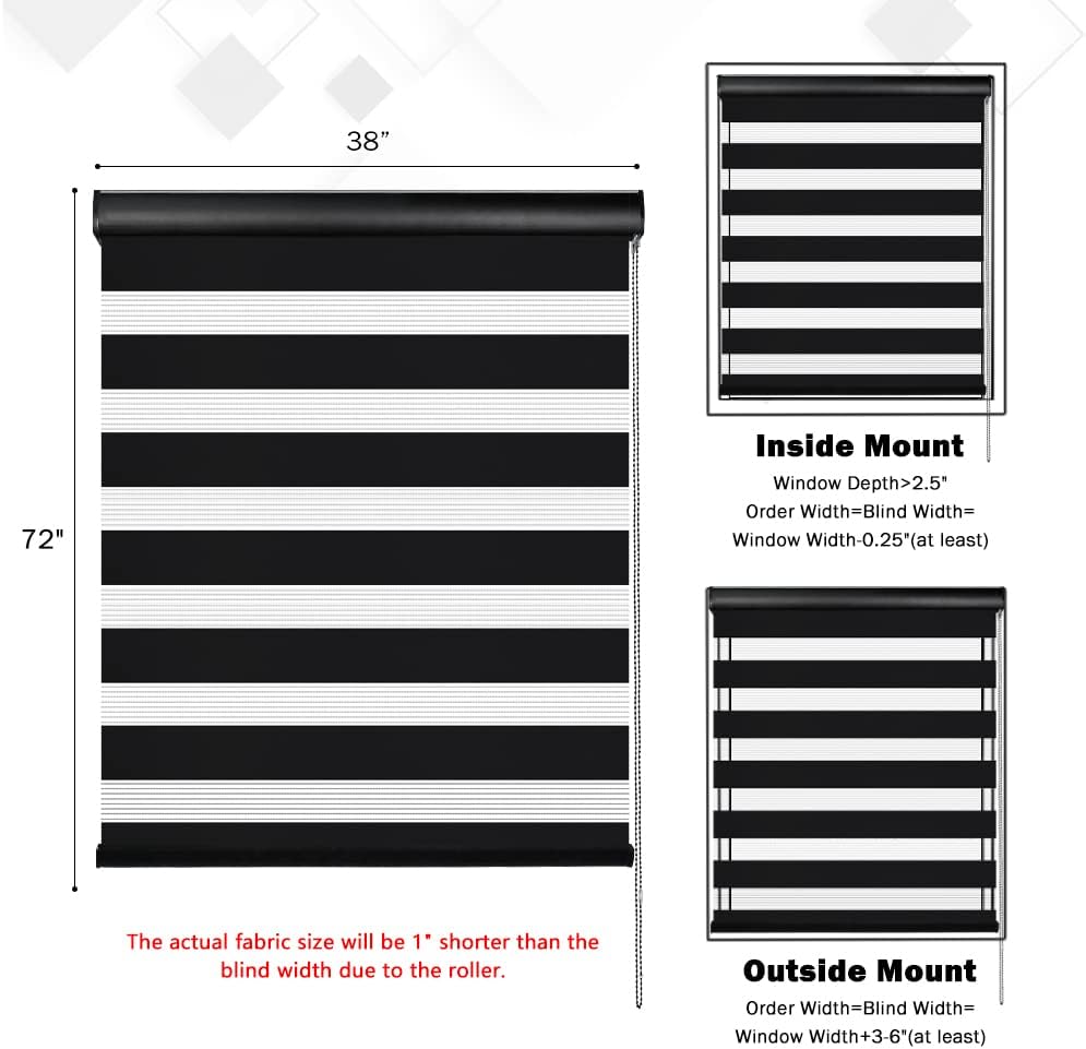 Kokorona Zebra – Persianas enrollables para ventanas, de doble capa con cenefa, color negro, 38 pulgadas de ancho x 72 pulgadas de alto