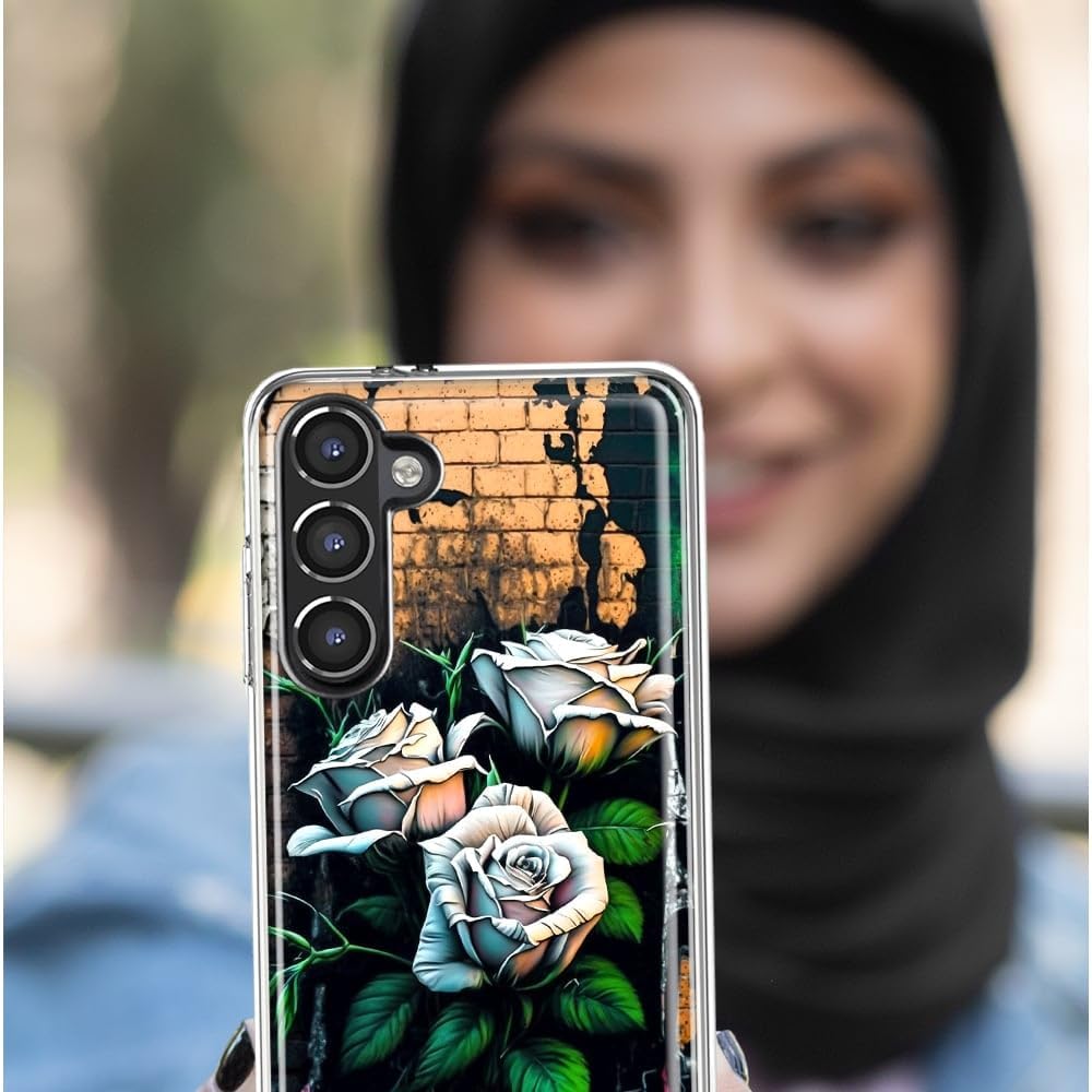 MUNDAZE – Case for Samsung Galaxy A52 Slim Hybrid Shockproof Hard Shell Soft TPU Heavy Duty Protective Phone Cover – White Roses Graffiti Wall Art