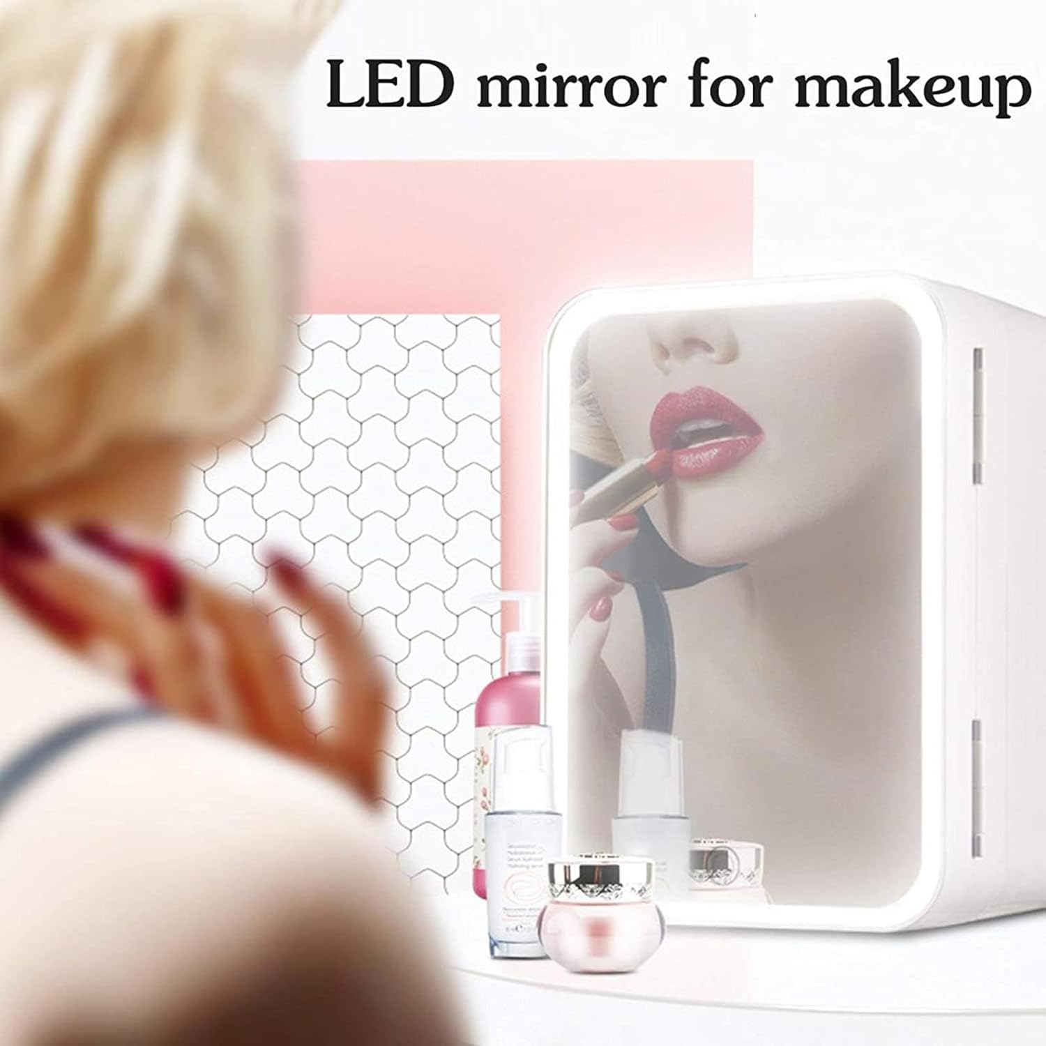 ROLTIN Mini refrigerador con luces LED, con espejo LED, mini refrigerador de maquillaje de capacidad de 8 litros, caliente y frío, refrigerador de