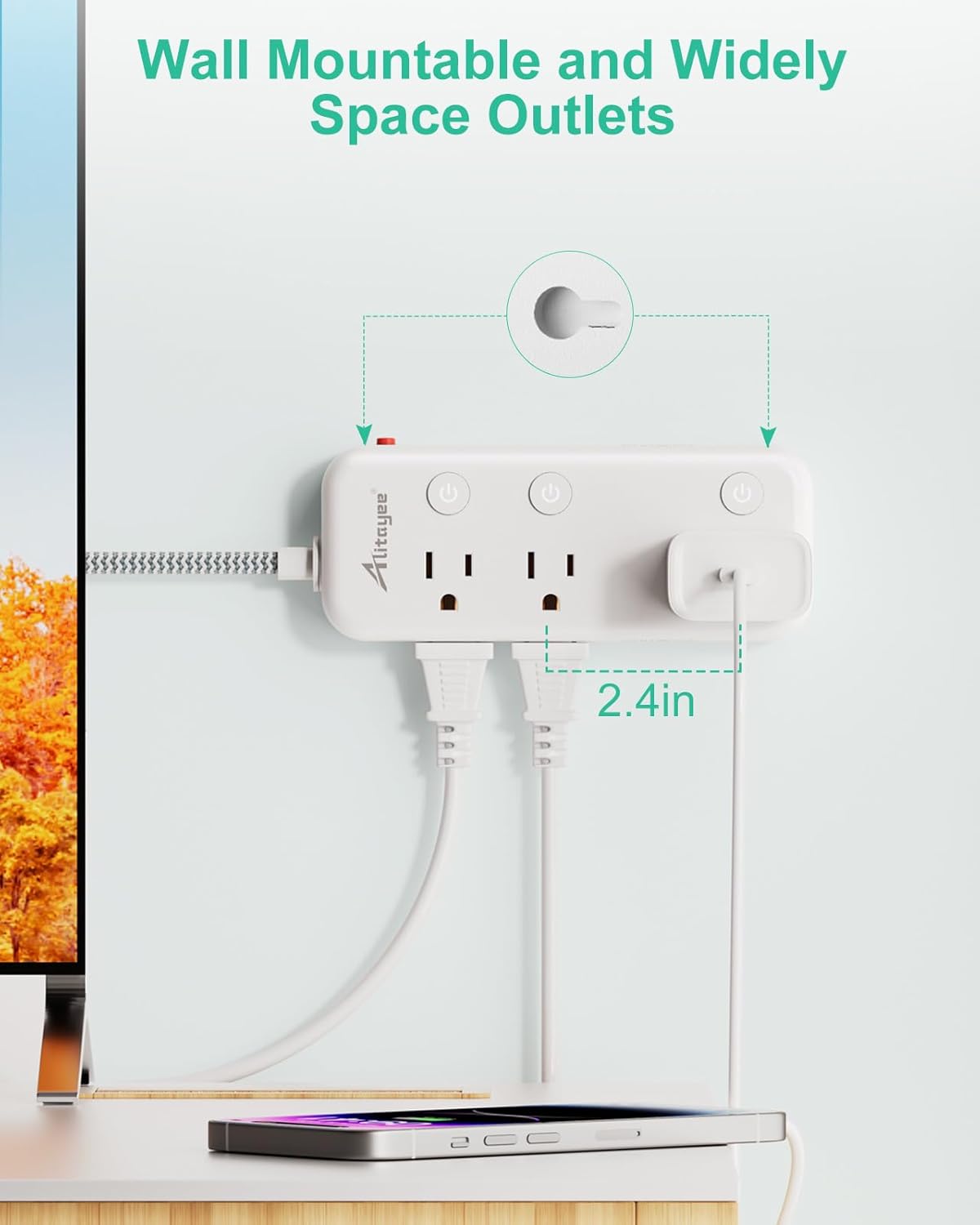 Regleta de alimentación de interruptor individual con 6 tomacorrientes, 3 USB (17 W USB C), cable trenzado de 5 pies, enchufe plano ultrafino, cable