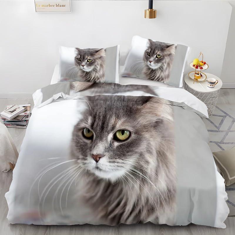 Light Gray Kitten California King Duvet Cover Animal Print Bedding Soft Microfiber Comforter Cover and 2 Pillow Shams 20″X36″, Bed Set Duvet Covers