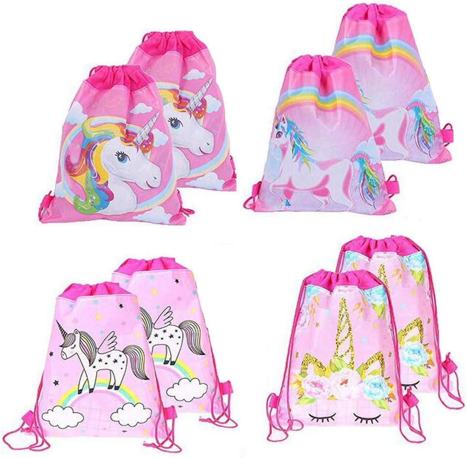 Bolsa de recuerdo de fiesta de unicornio, paquete de 8 mochilas con cordón de unicornio como bolsas de regalo de fiesta, bolsas de dulces para