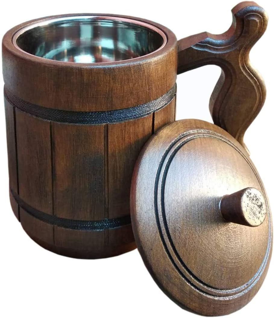 Taza de cerveza de madera hecha a mano con tapa. Capacidad 20 oz (20.3 fl oz). Taza de cerveza de madera ecológica – Taza de cerveza de madera con
