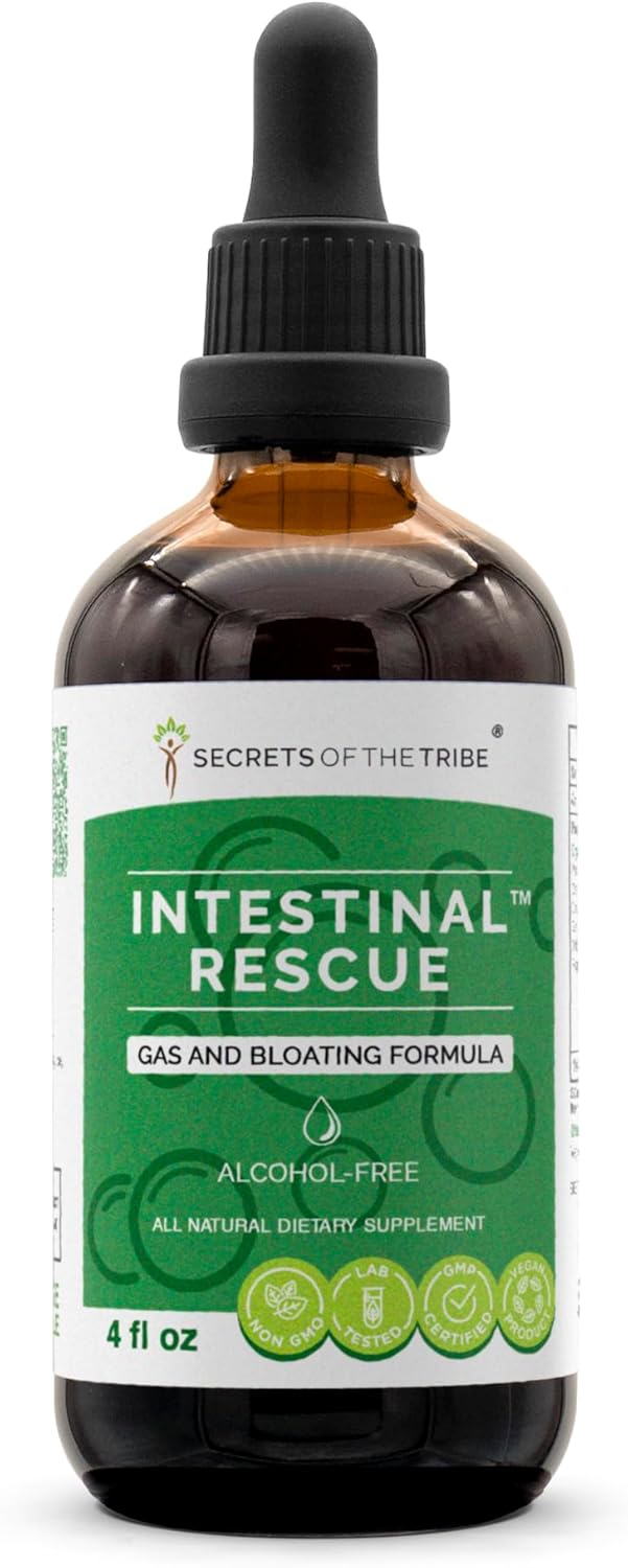 Secrets of the Tribe Rescate intestinal sin alcohol, perejil de glicerita, manzanilla, alcaravea, ajo, cebolla, menta. tintura, extracto de hierbas