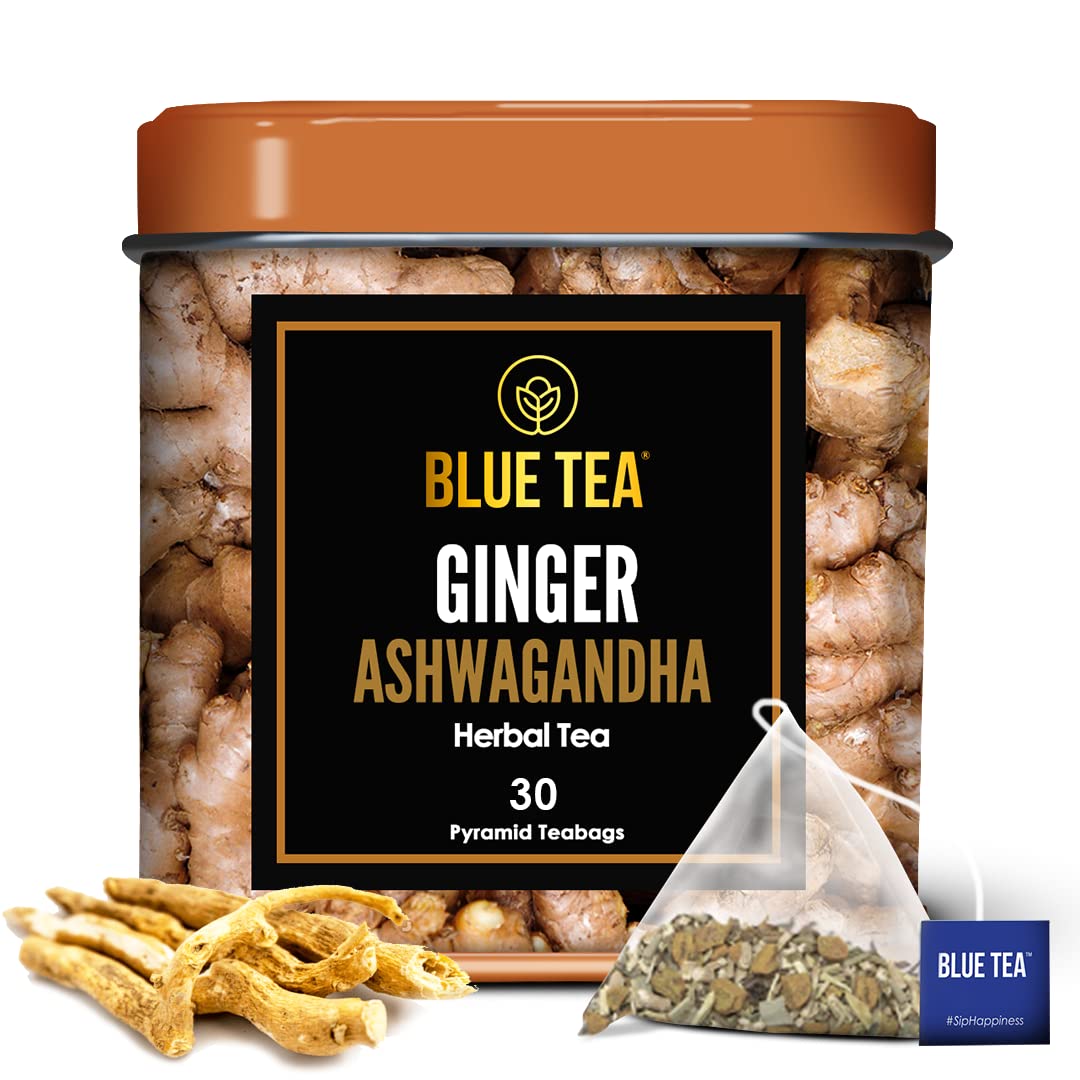 BLUE TEA – Té de hierbas de jengibre Ashwagandha – 30 bolsas de té  Regalo del día de la madre  Té de jengibre – Ashwagandha – Origen indio  Súper