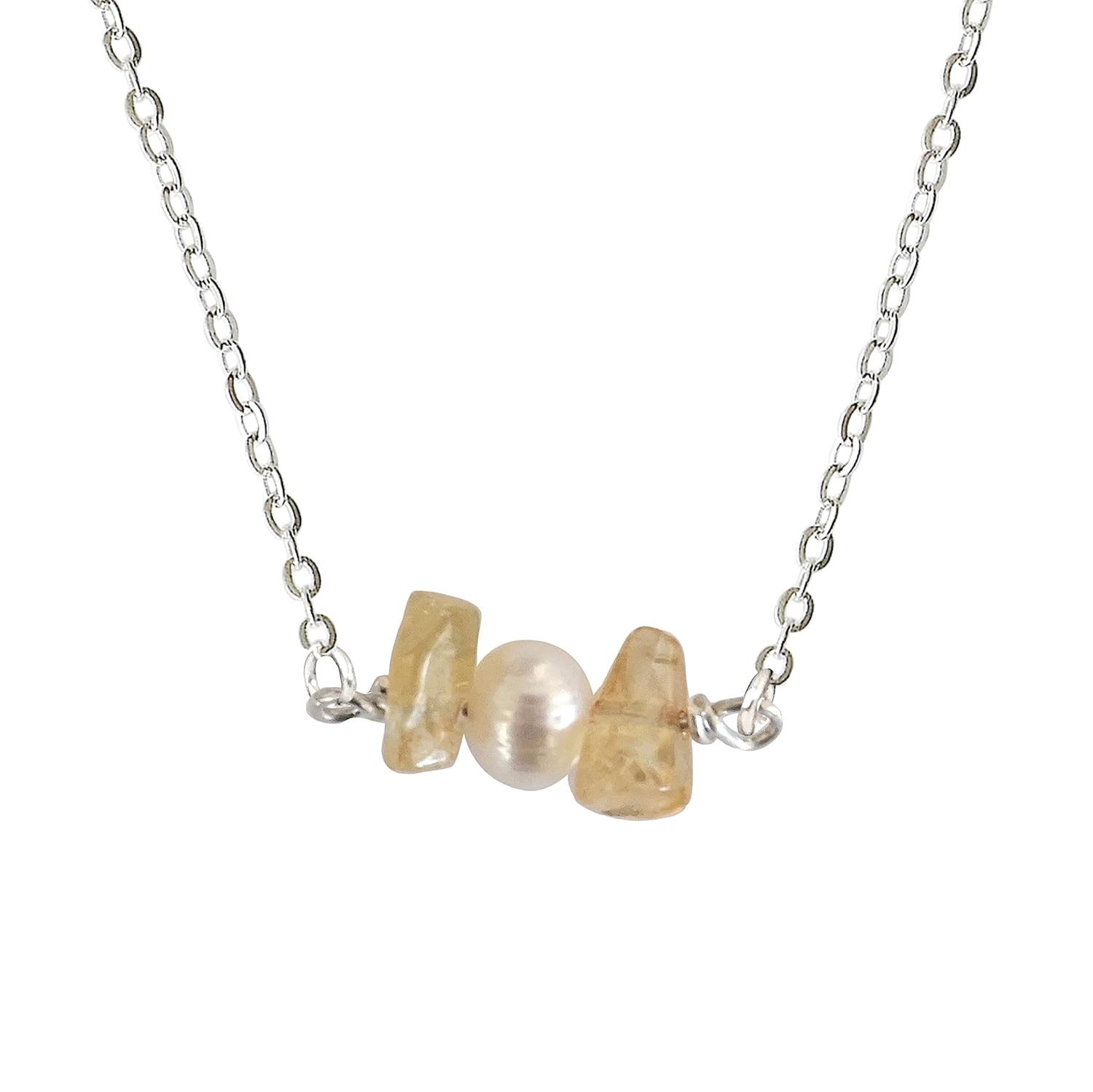 Designs by Nature Gems Handmade Womens Citrine & Pearl Charm Necklace 20-22 inch Adjustable Chain Sterling Silver, February & June Birthstone