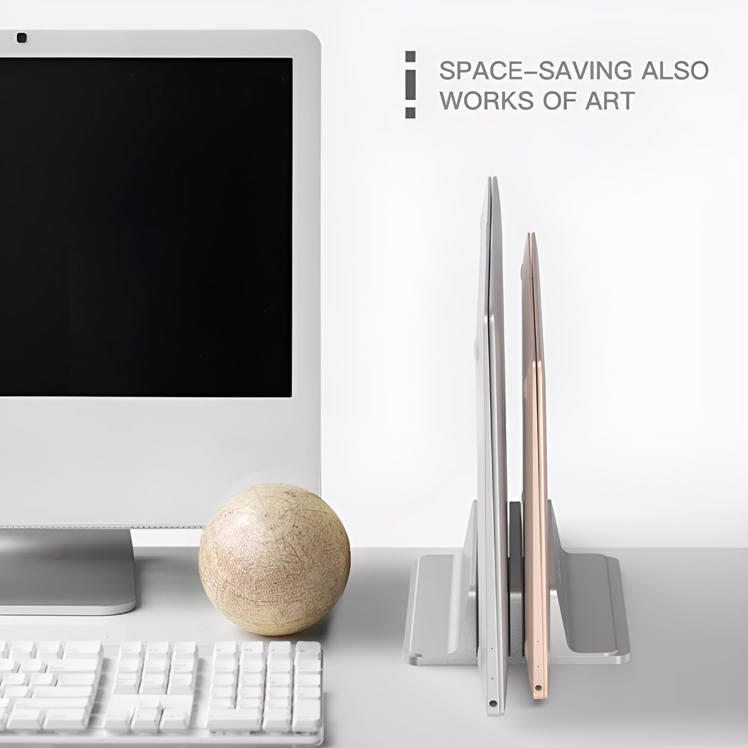 Soporte vertical para portátil de 2 ranuras (plateado), aluminio resistente, almohadilla de silicona antideslizante, ajustable, se adapta a todos