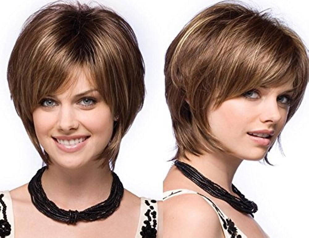 HAIRCUBE Peluca corta marrón mixta con fleco, pelucas de corte Pixie en capas para mujer, fibra sintética de memoria saludable, pelucas sin