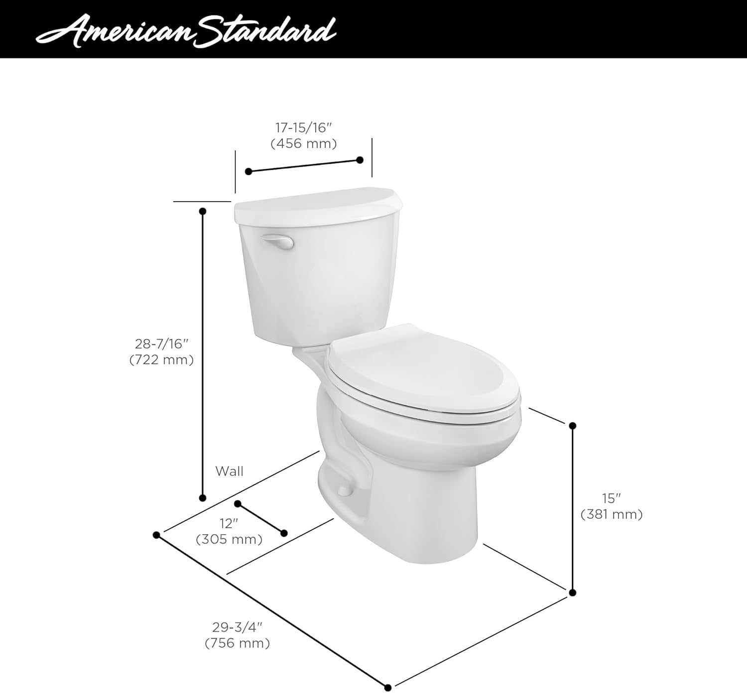 American Standard 250CA104.020 Colony Inodoro de dos piezas de 3 piezas, parte delantera alargada, altura estándar, blanco, 1.28 gpf