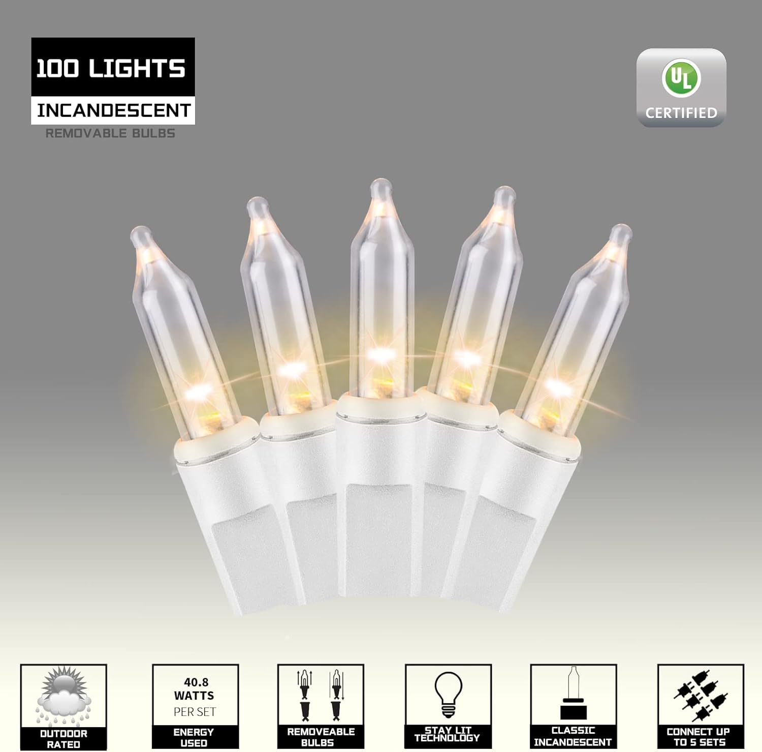 100 luces blancas cálidas, extrabrillantes con conectores finales, luces decorativas de Navidad, 19.6 ft, certificación UL, juego de mini luces