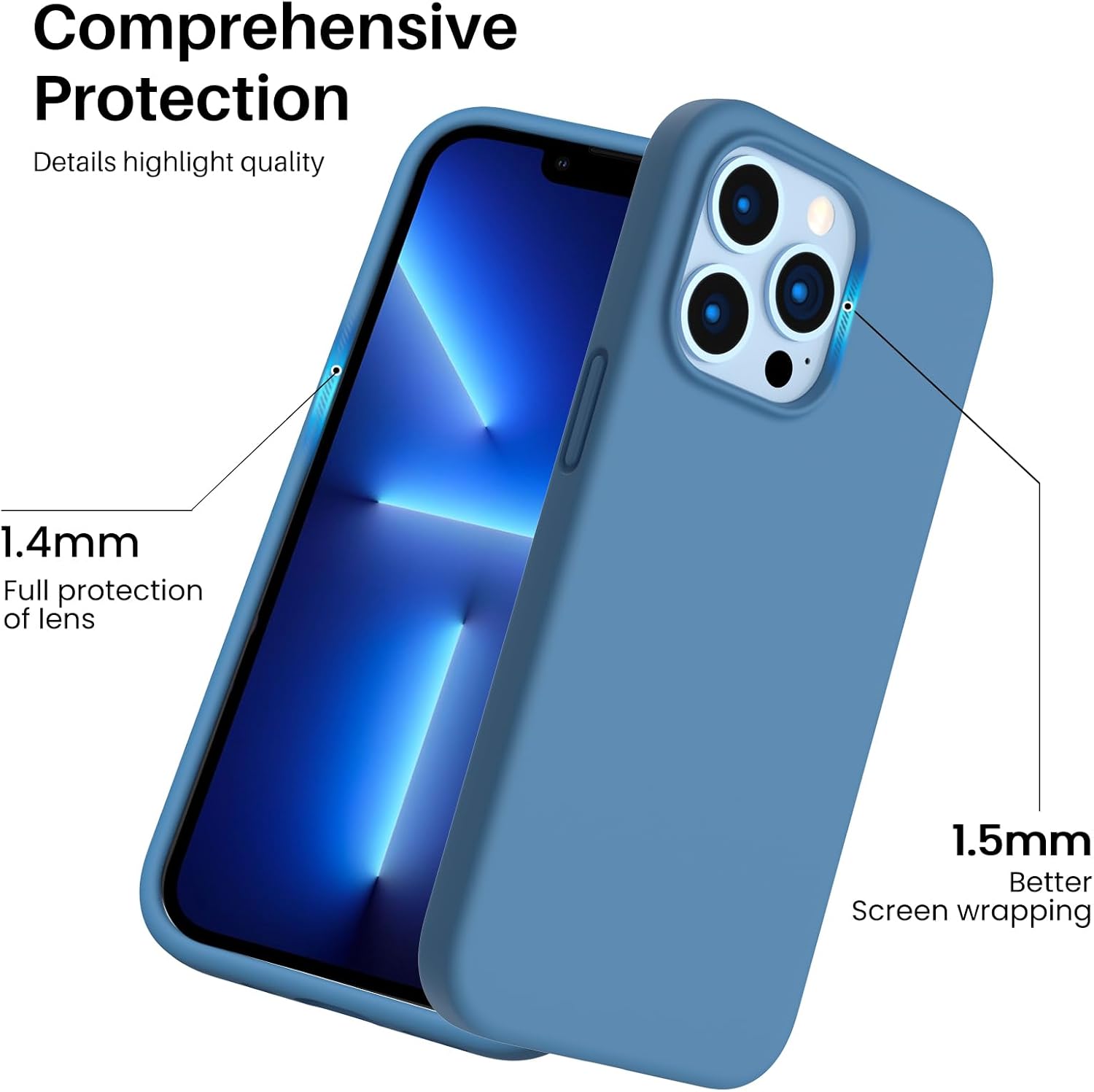 ORNARTO Funda de silicona líquida a prueba de golpes diseñada para iPhone 13 Pro, protección integral de goma de gel, protección contra caídas, 6.1