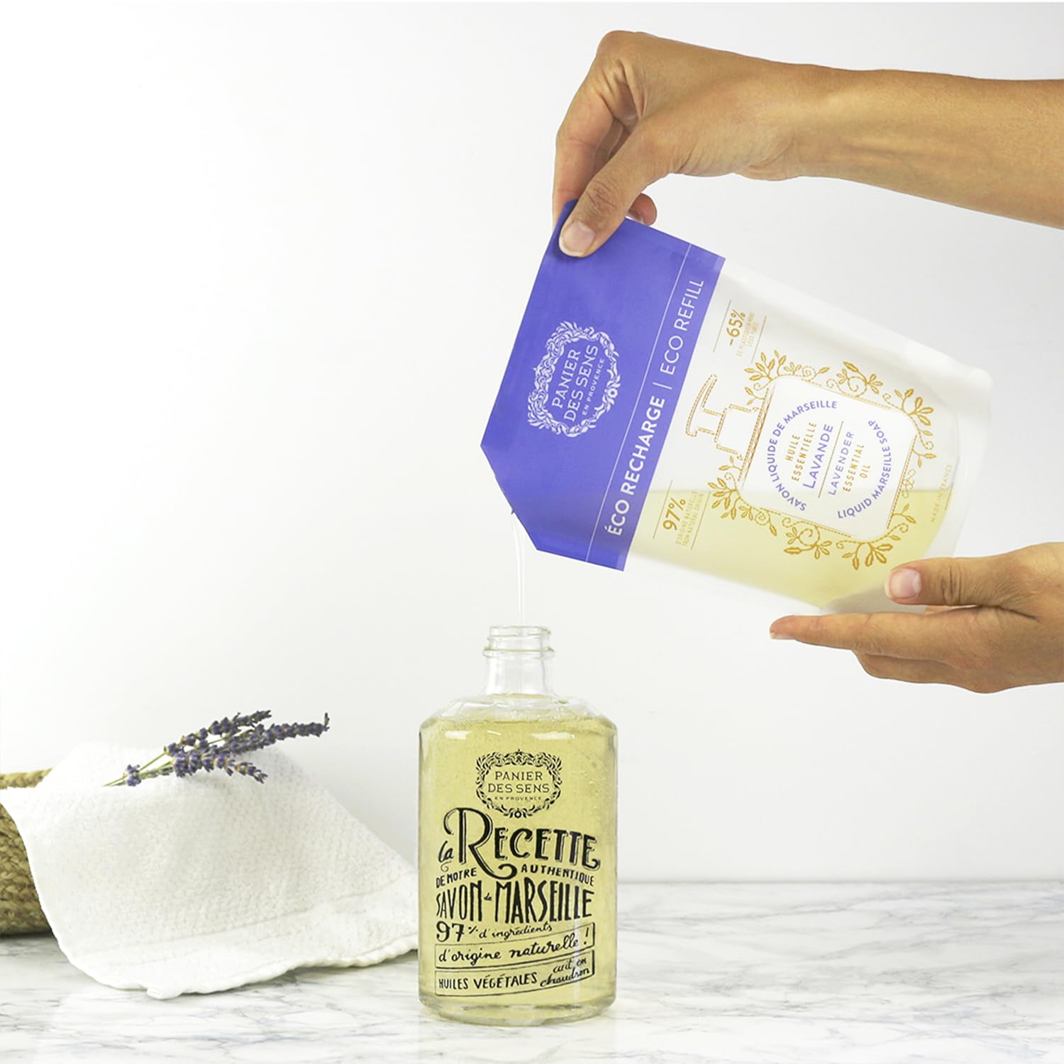 Panier des Sens Repuesto de jabón líquido de manos de lavanda, jabón líquido de Marsella – Hecho en Francia 97% natural – 2 x 16.9 Floz16.9 fl oz