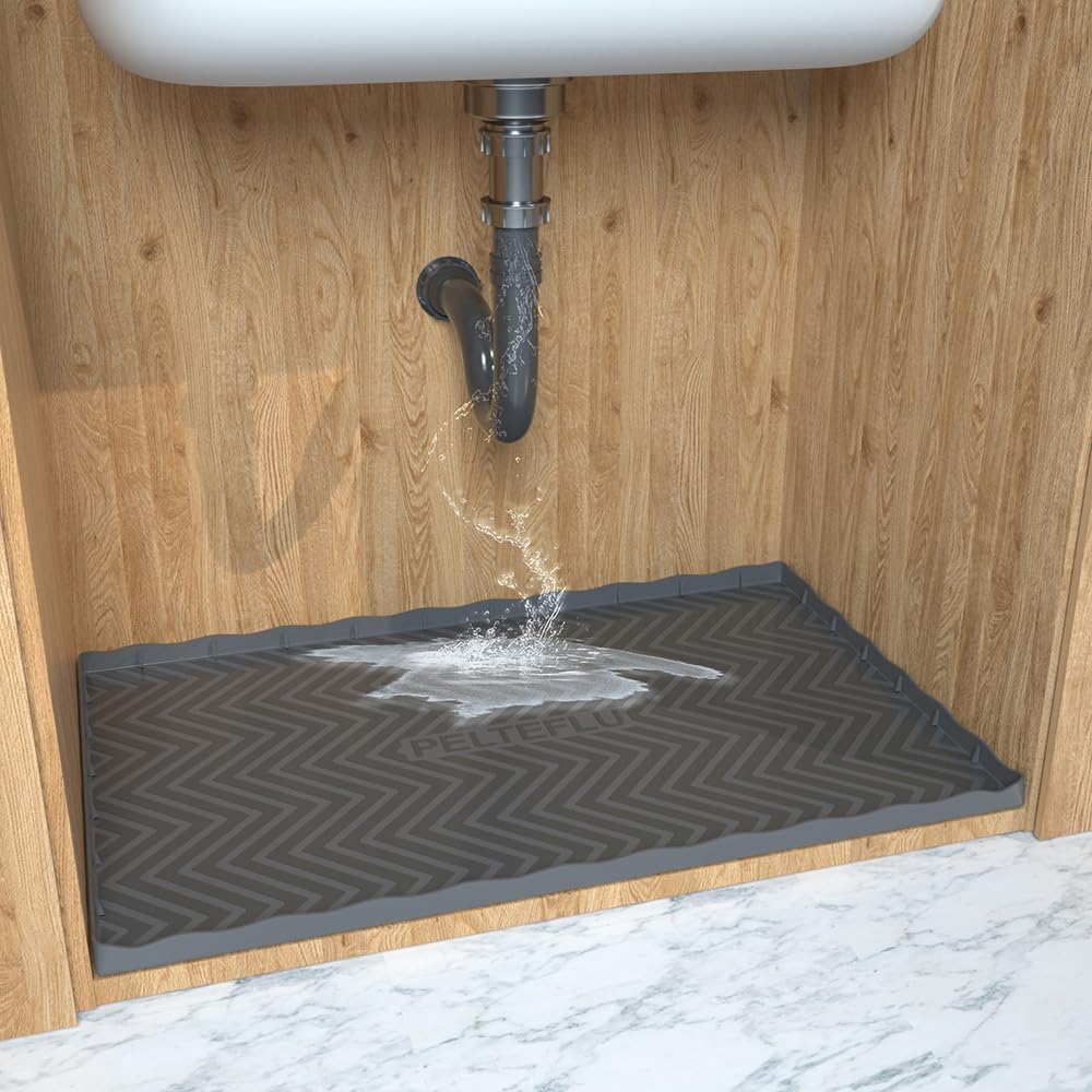 Tapete para debajo del fregadero, 28 x 22 pulgadas, impermeable, para cocina, baño, forro de goma de silicona flexible para debajo del fregadero con