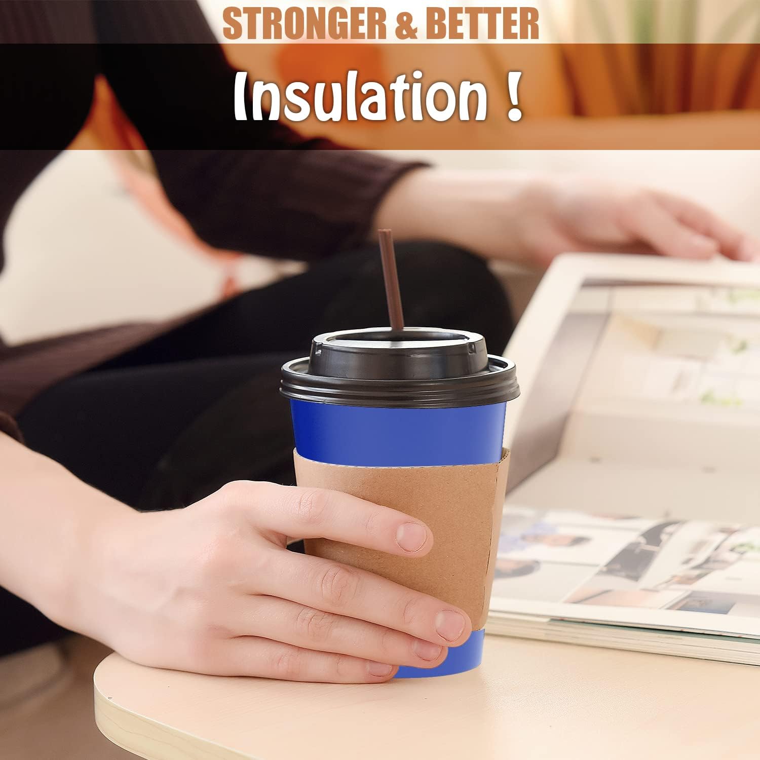 To Go – Tazas de papel de 12 onzas, paquete de 120 vasos desechables con tapas, mangas, popotes, bebidas calientesfrías para agua, jugo, café o té,