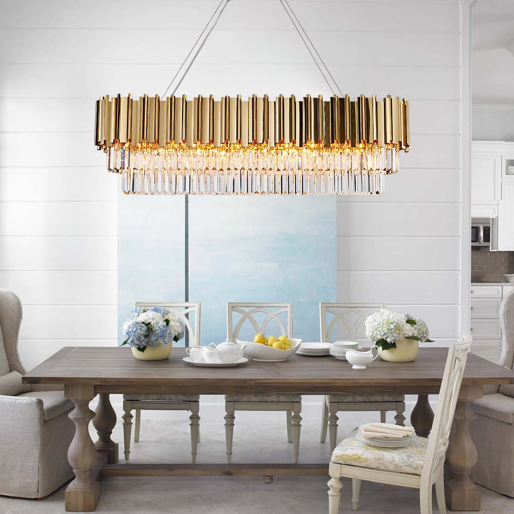 Candelabros modernos de cristal para comedor, luces doradas de lujo de 46 pulgadas, lámpara colgante de techo rectangular para isla de cocina