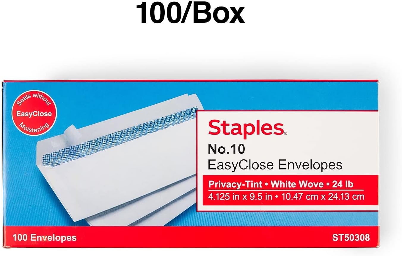 Staples EasyClose – Sobres de seguridad tintados #10 para negocios, 4 18 pulgadas x 9 12 pulgadas, blanco, 300cartón (ST50308-CCVS)