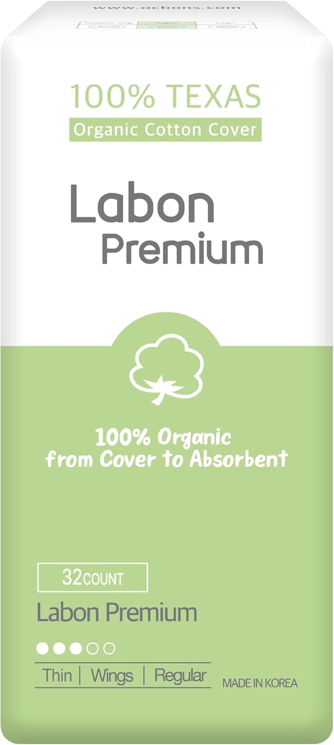 LABON – Almohadillas sanitarias orgánicas veganas de primera calidad (regular, 9.8 in, 32 unidades)  Funda de algodón 100% orgánico, núcleo y alas