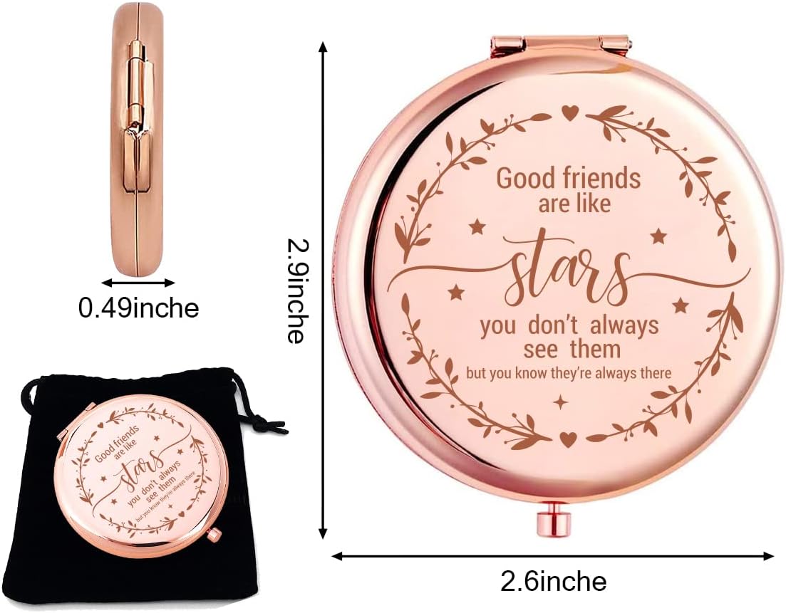 Kukeyiee Good Friends are Like Stars – Espejo de maquillaje de viaje grabado en oro rosa, espejo de maquillaje compacto para maquillaje, regalos de
