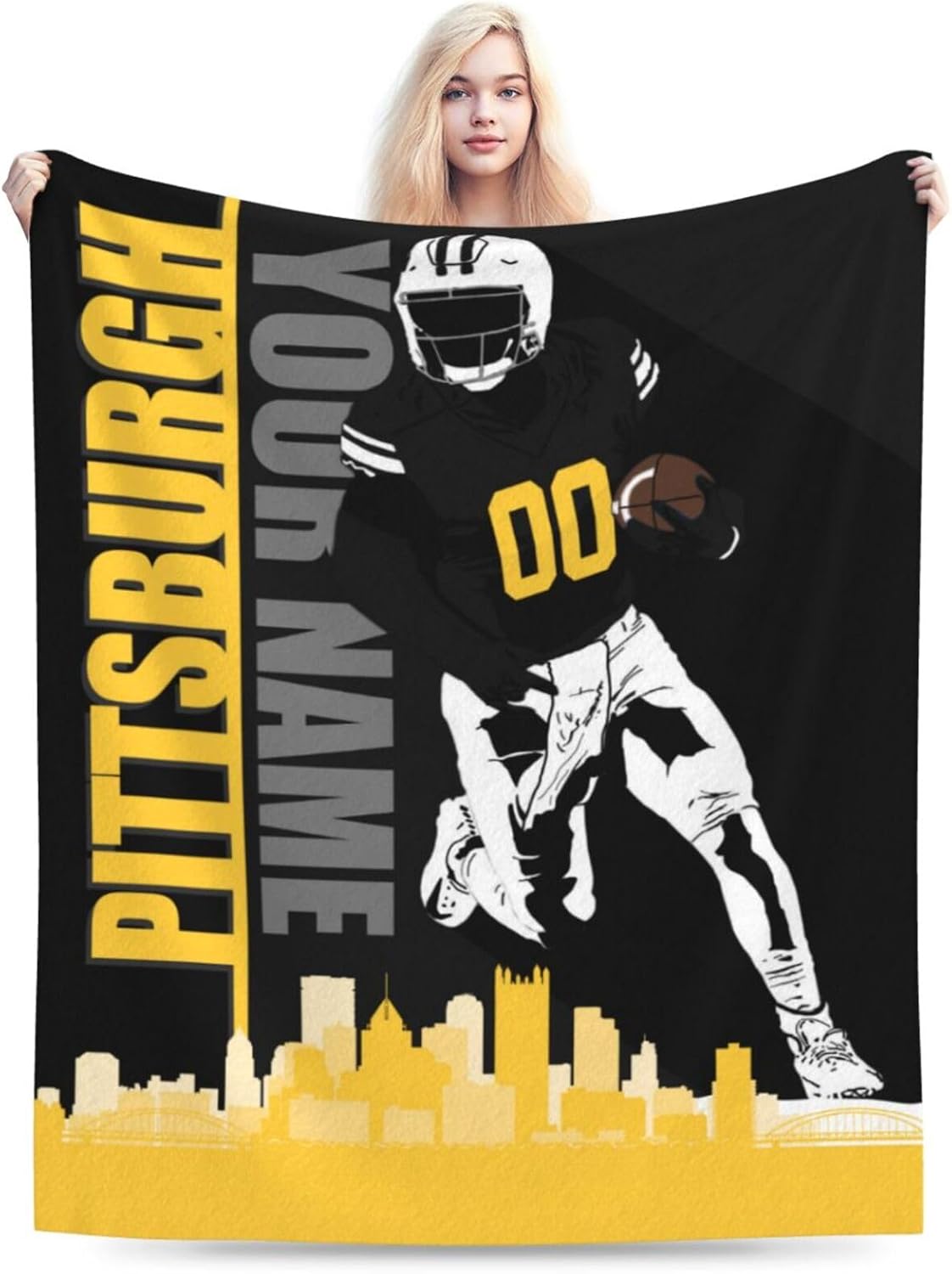 Pittsburgh – Manta de franela con nombre y número personalizados para hombres, mujeres y niños, regalo de decoración de estilo de fútbol, 40 x 50