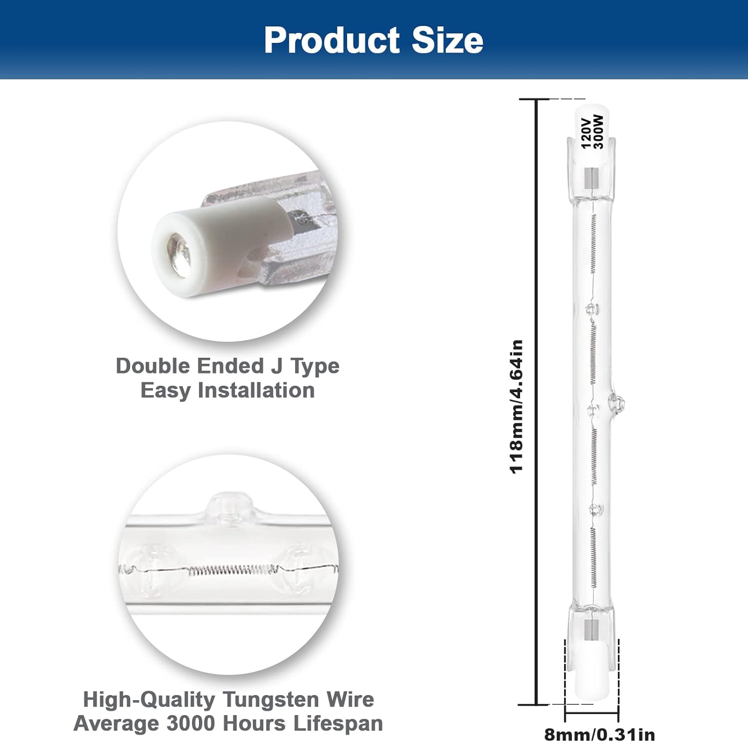 R7S – Bombillas halógenas de 300 W, regulables, 120 V, 4.646 in, tipo T3 J, con larga vida útil, bombillas lineales de doble extremo blanco cálido