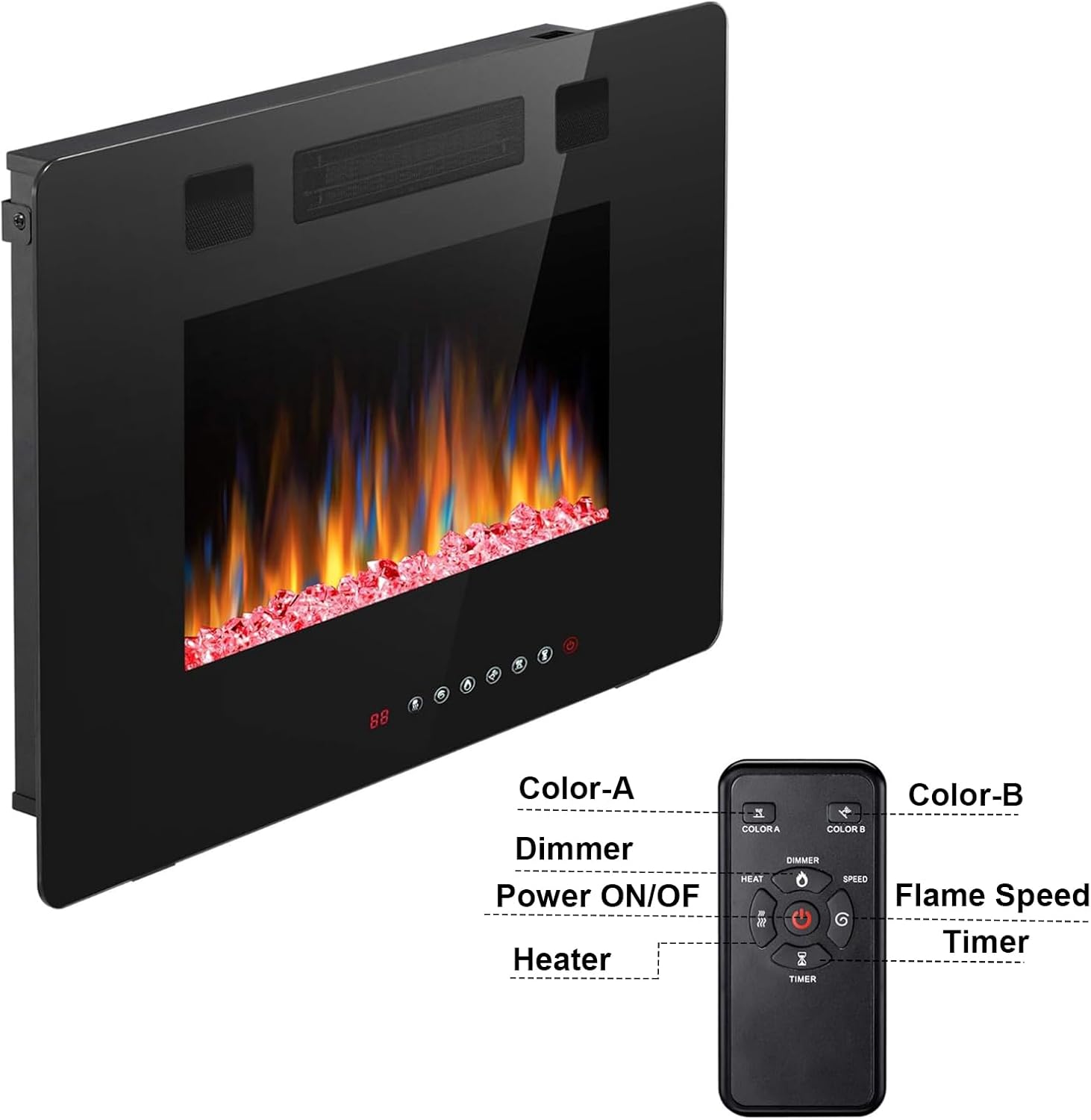 Joy Pebble Insertos de chimenea eléctrica de 30 pulgadas, empotrado en la pared y montado en la pared, calentador de chimenea de 7501500 W, pantalla