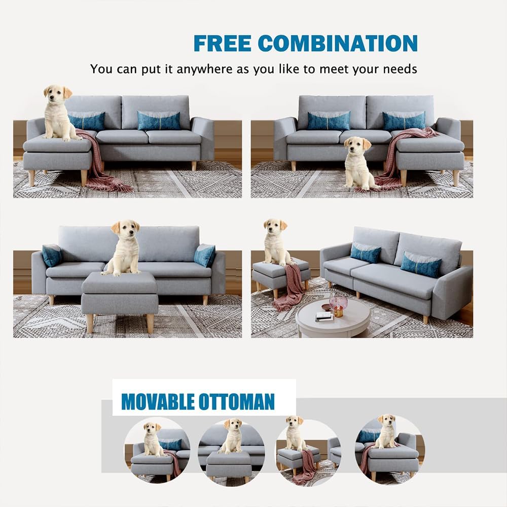 Sofá modular en forma de L para sala de estar, sofá de 3 asientos con diván reversible de 77.5 pulgadas, sofá seccional convertible (gris)