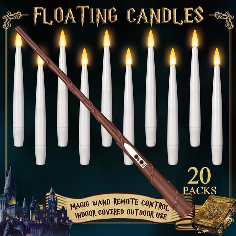 Velas flotantes con varita, 20 unidades, velas mágicas colgantes con cuerda parpadeante, luz cálida, velas LED sin llama con control remoto, luces