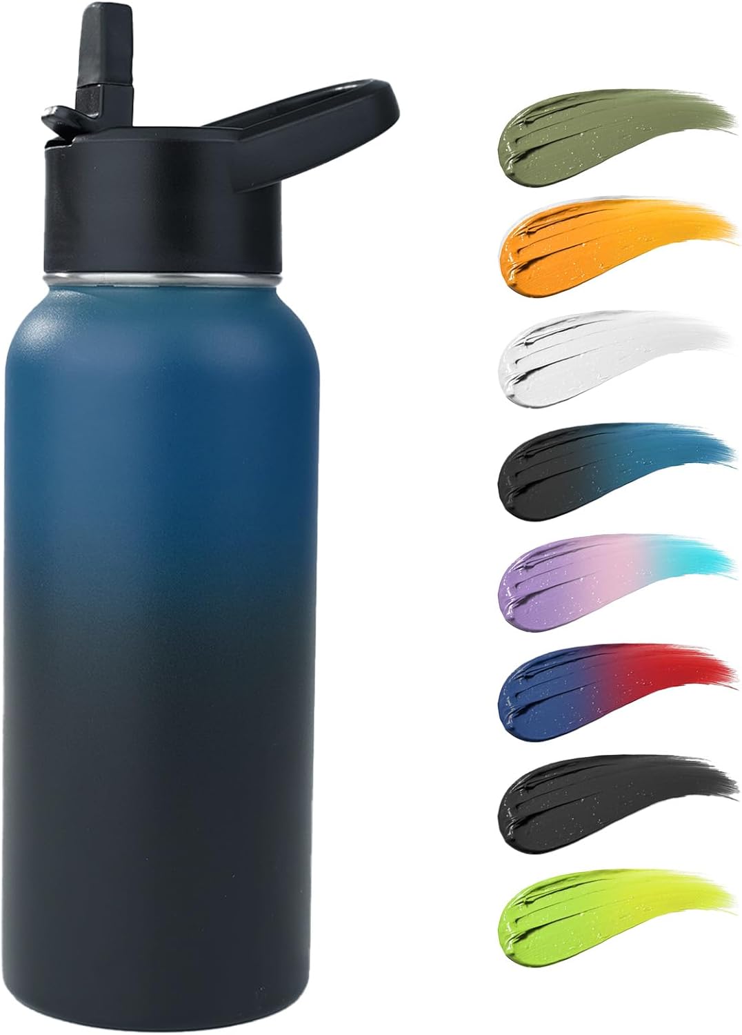 Botella de agua de acero inoxidable con popote y tapa de boca ancha, mango giratorio ancho, botella de agua aislada al vacío de doble pared de 40