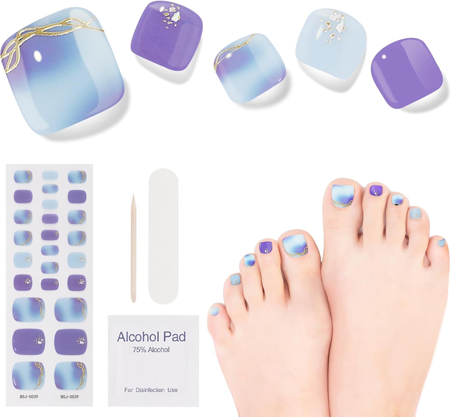 Tiras de pedicura de gel semicuradas, 26 calcomanías de gel para uñas de los pies, envolturas completas de uñas para mujeres y niñas, decoración de