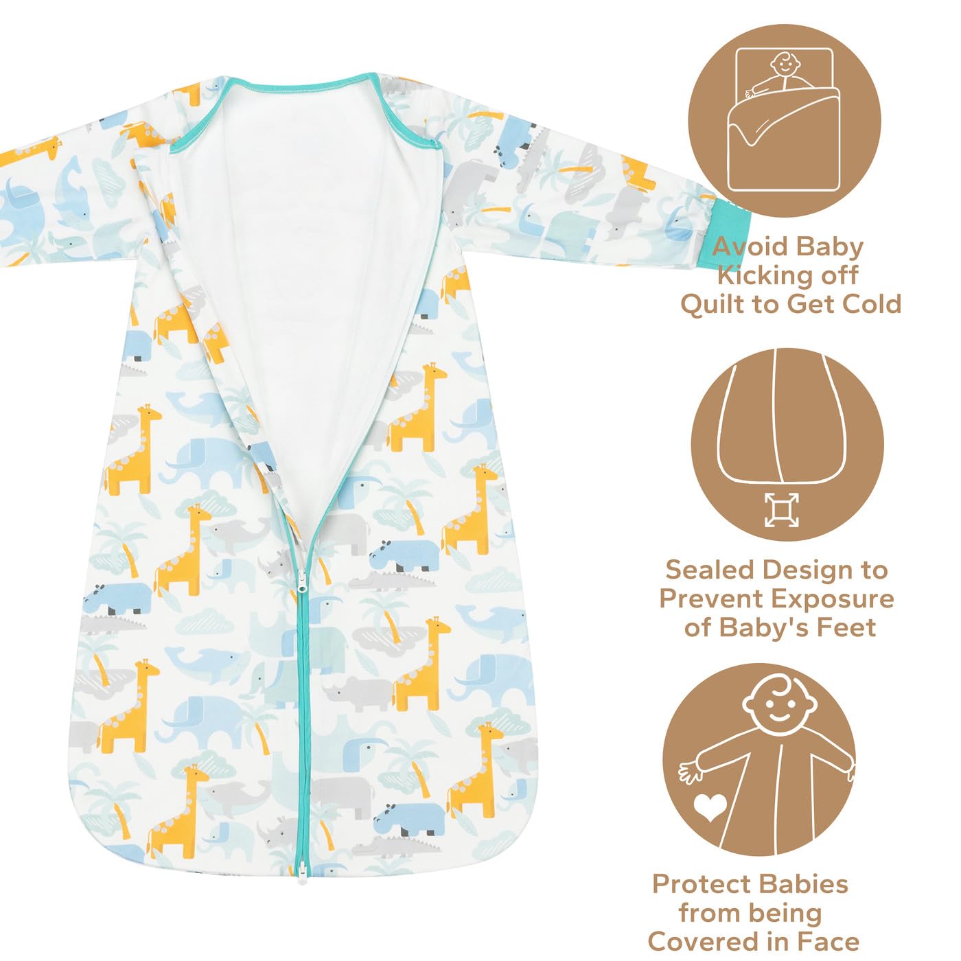 1.0 TOG – Saco de dormir para bebé con mangas largas, 100% algodón, con cremallera de 2 vías, para regalo de bebé recién nacido, elefante, S (0-6