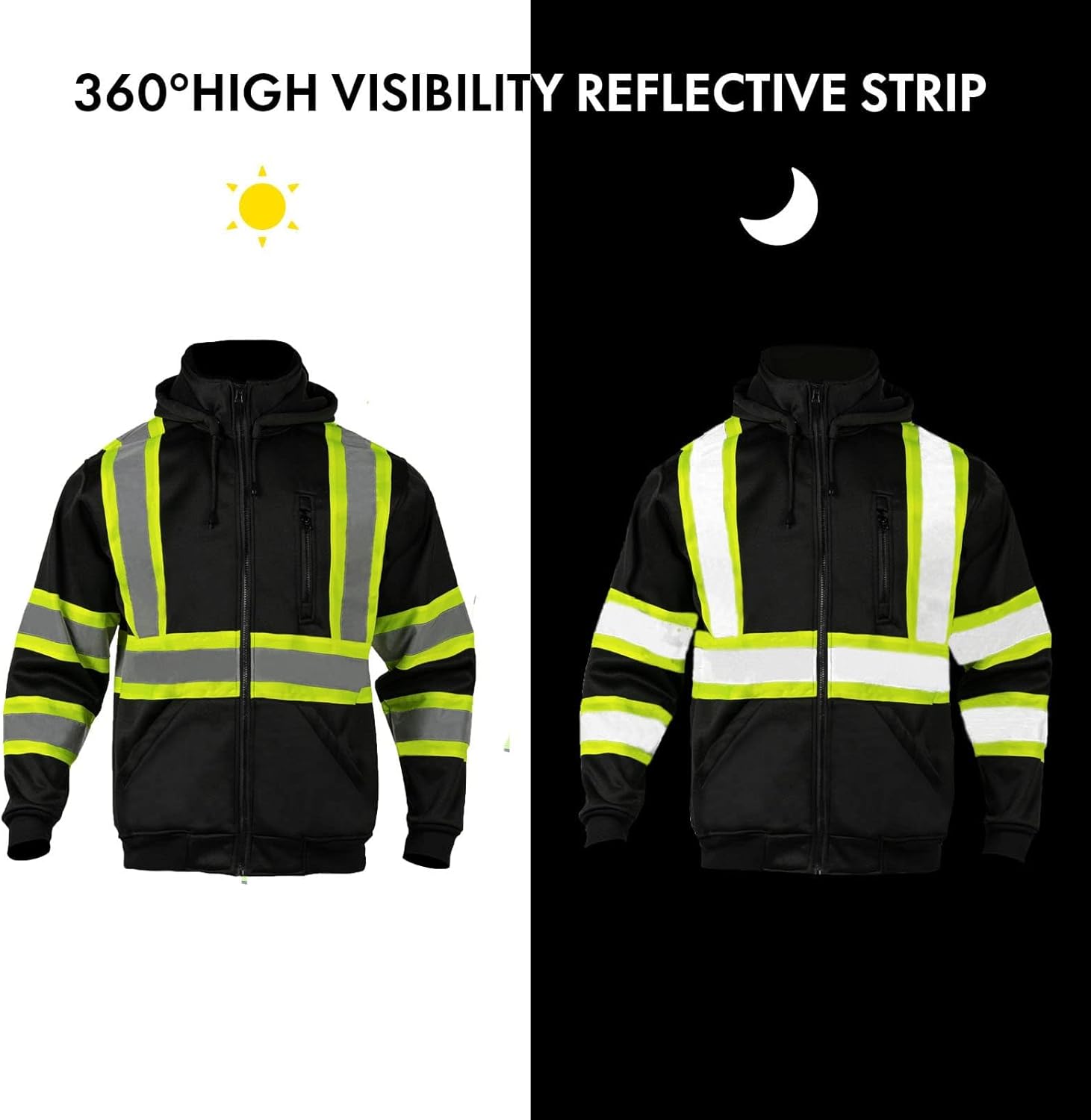 FONIRRA Sudadera de seguridad para hombre, alta visibilidad, reflectante, ANSI clase 3, forro polar, cremallera completa, sudadera con capucha