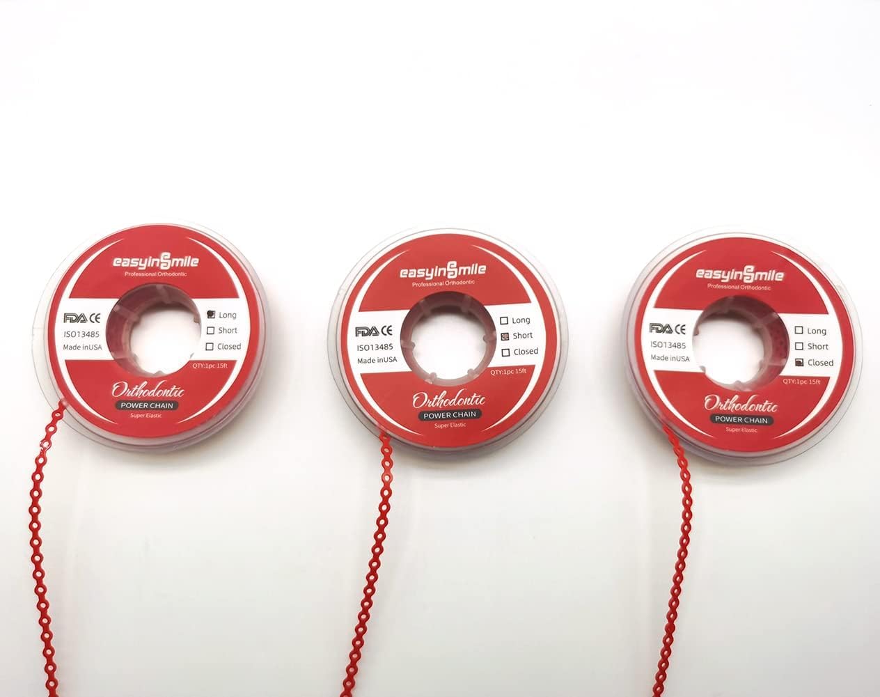 Ortodoncia dental ultra elástica de goma de la cadena de alimentación bandas cortolargocierre (largo, rojo)
