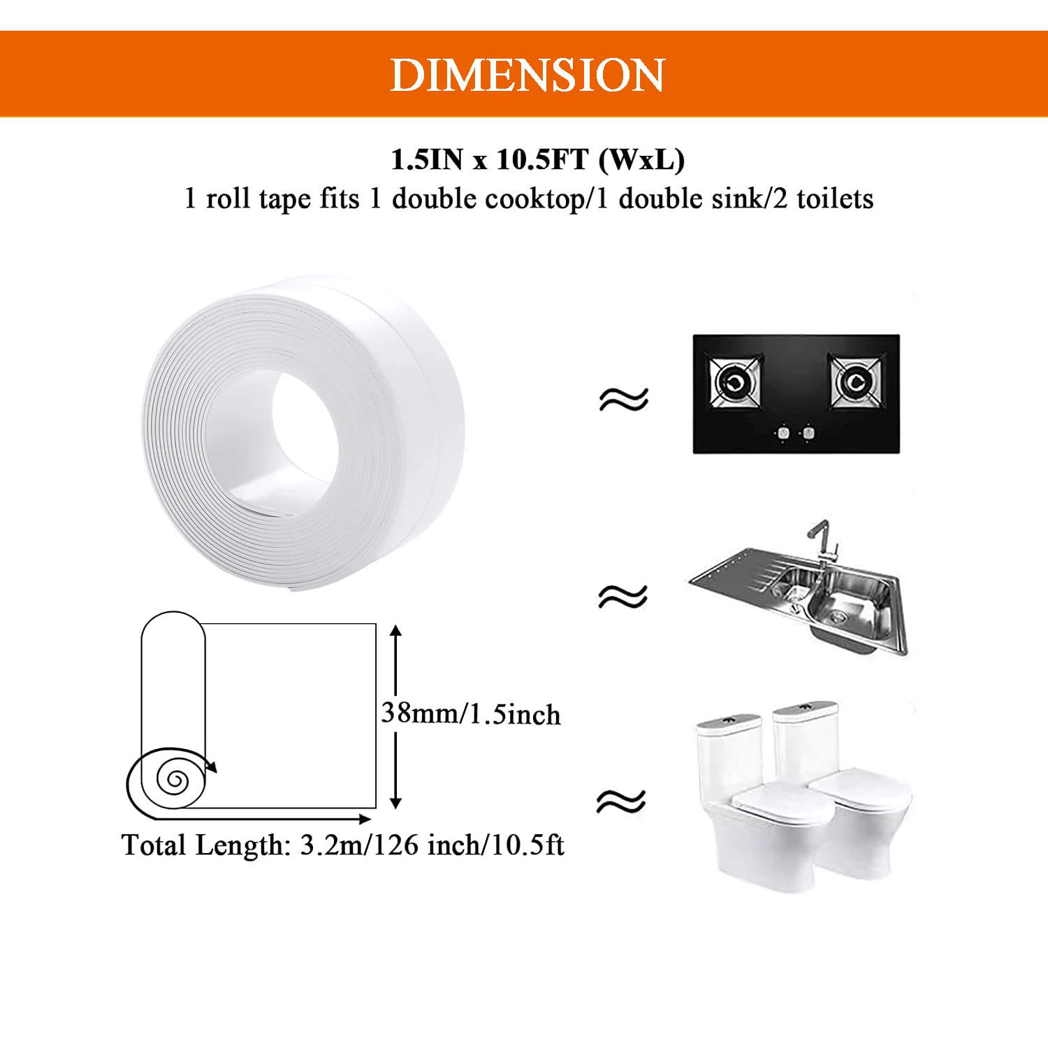 3 tiras selladoras de cinta de calafateo blanca, 1.5 x 10.5 pies, de PVC, autoadhesiva, impermeable, para baño, ducha, fregadero, baño, cinta de