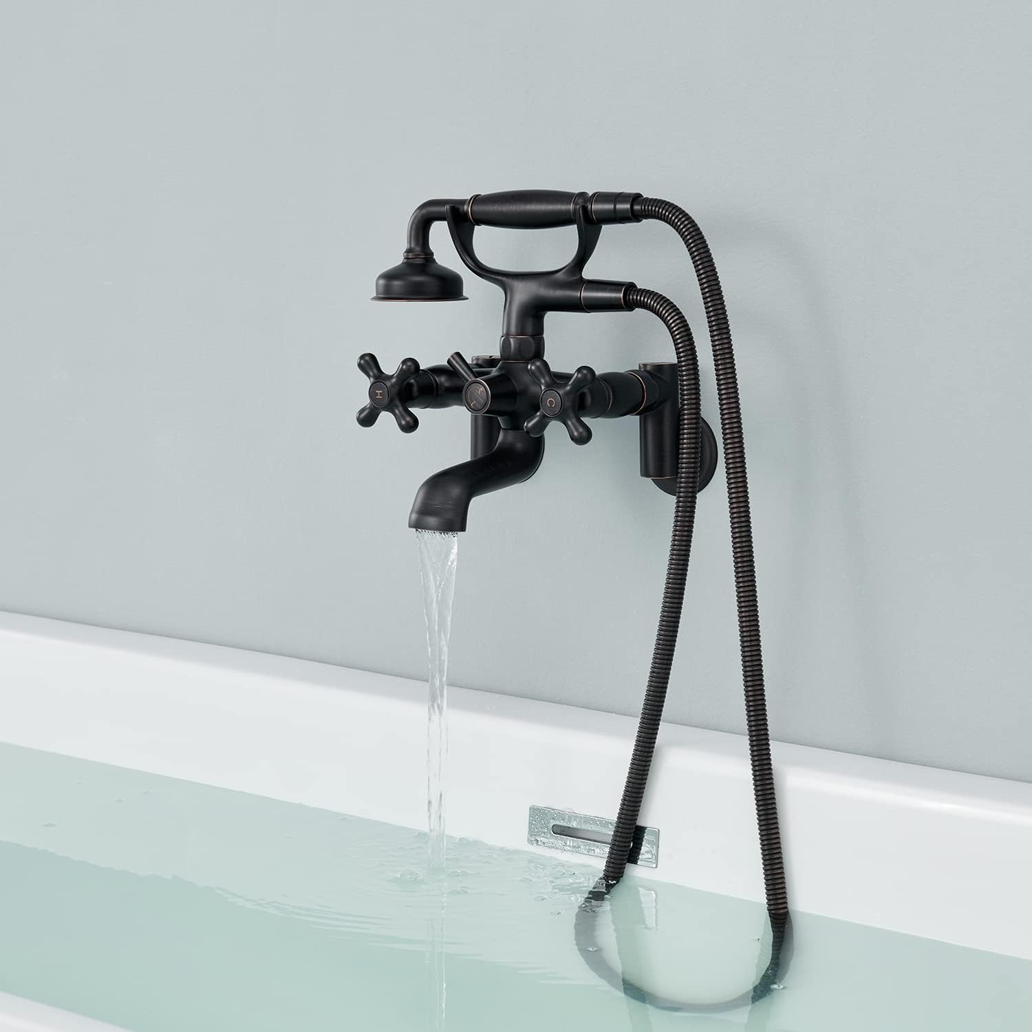 Clawfoot – Grifo de bañera de montaje en pared, bronce aceitado, grifos de bañera de latón vintage con ducha de mano en forma de teléfono