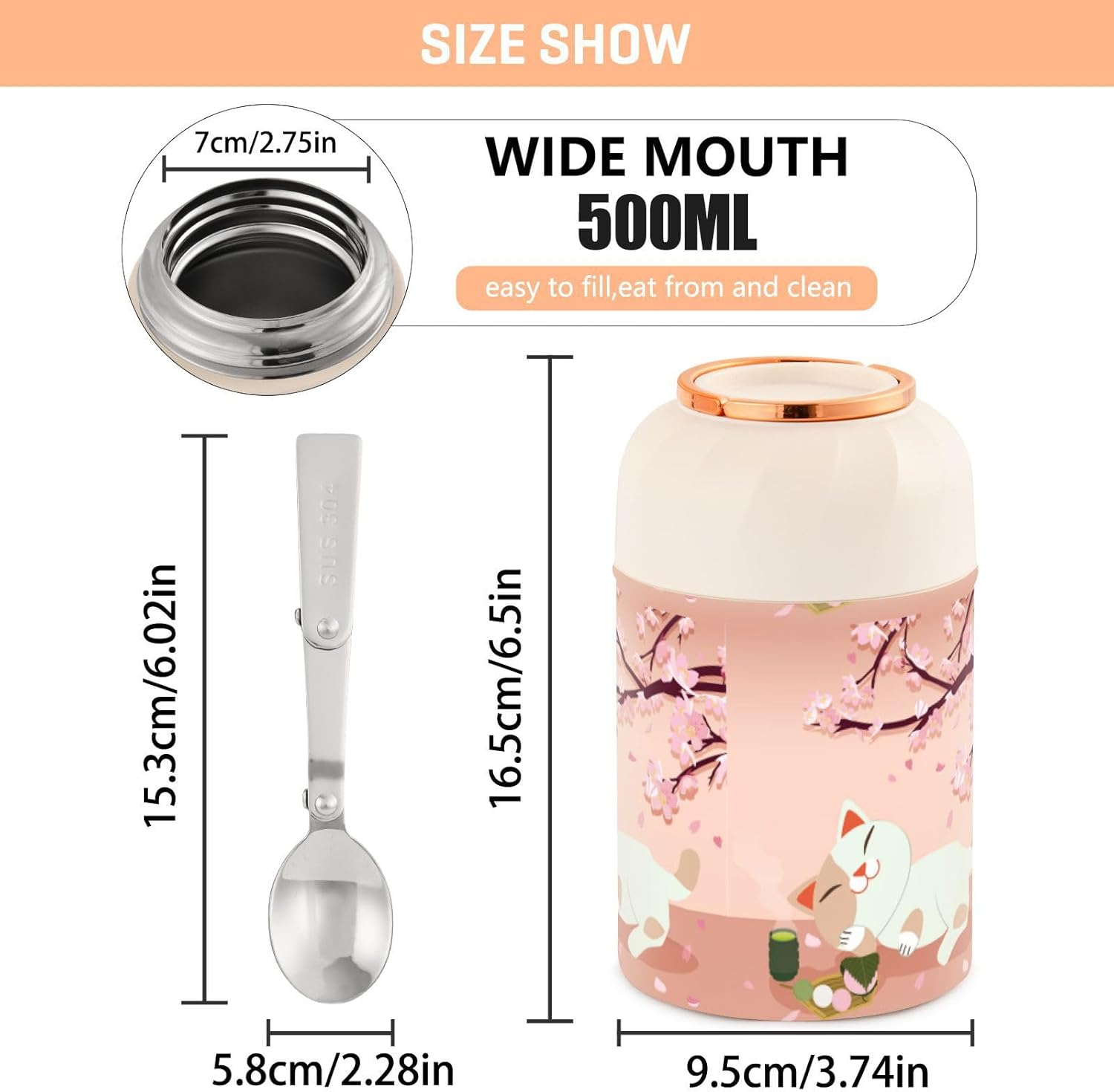 Maneki Neko Japan Lucky Cat Festival – Tarro de comida con cuchara de acero inoxidable aislado al vacío, contenedor de alimentos de 17 onzas para
