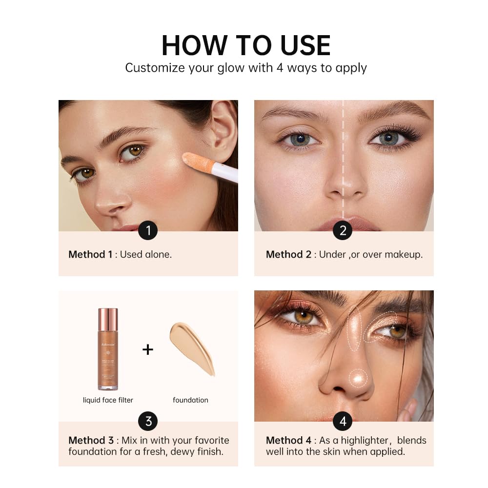 Filtro líquido Halo Glow  Maquillaje resaltador líquido Body Glow Shimmer para la cara  Acabado brillante natural, iluminador facial ligero