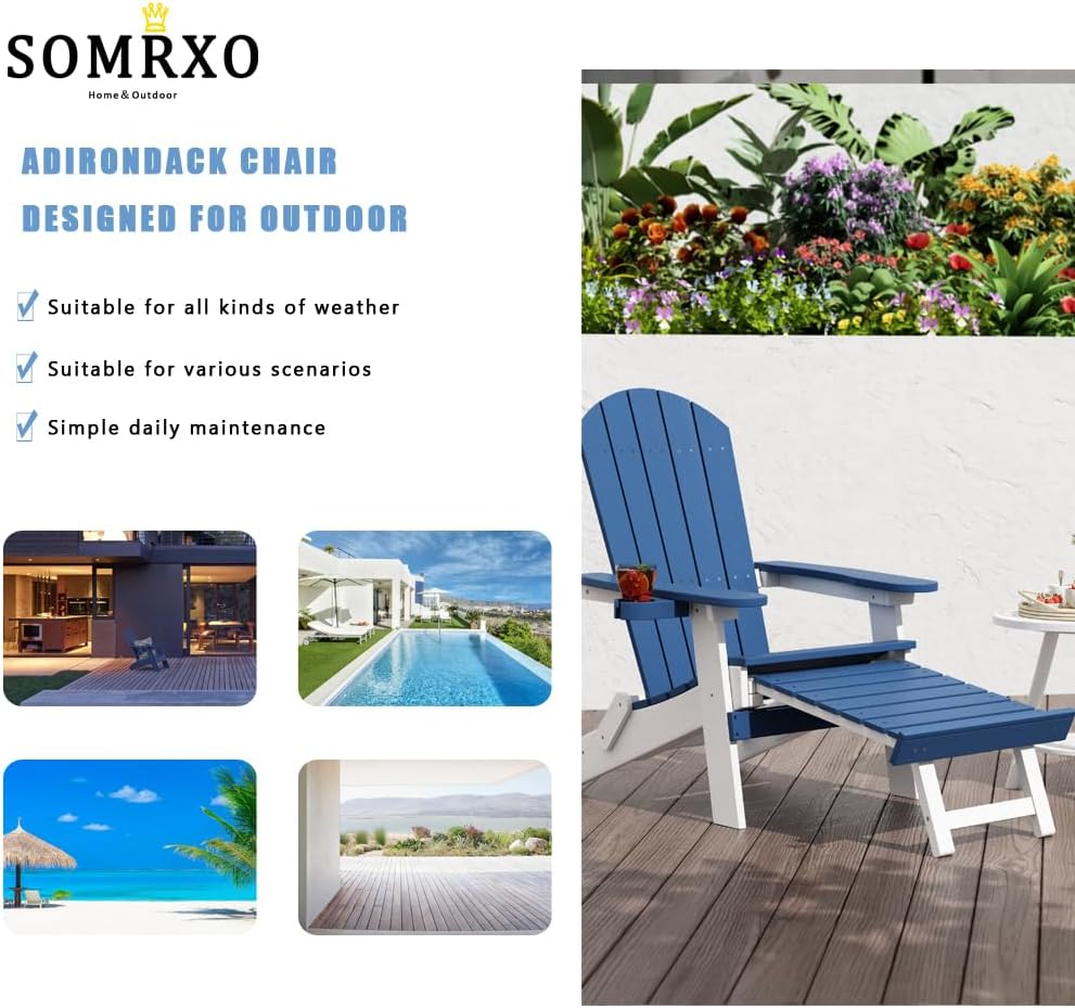 SOMRXO – Sillas Adirondack de plástico con otomana plegable, silla Adirondack plegable con portavasos, silla para hoguera, silla de patio al aire