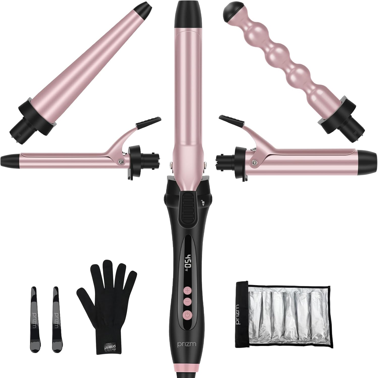 Prizm Juego de rizadores con abrazadera, 5 varillas rizadoras intercambiables, varita para el cabello 11 LCD de temperatura ajustable, 0.6 a 1.25