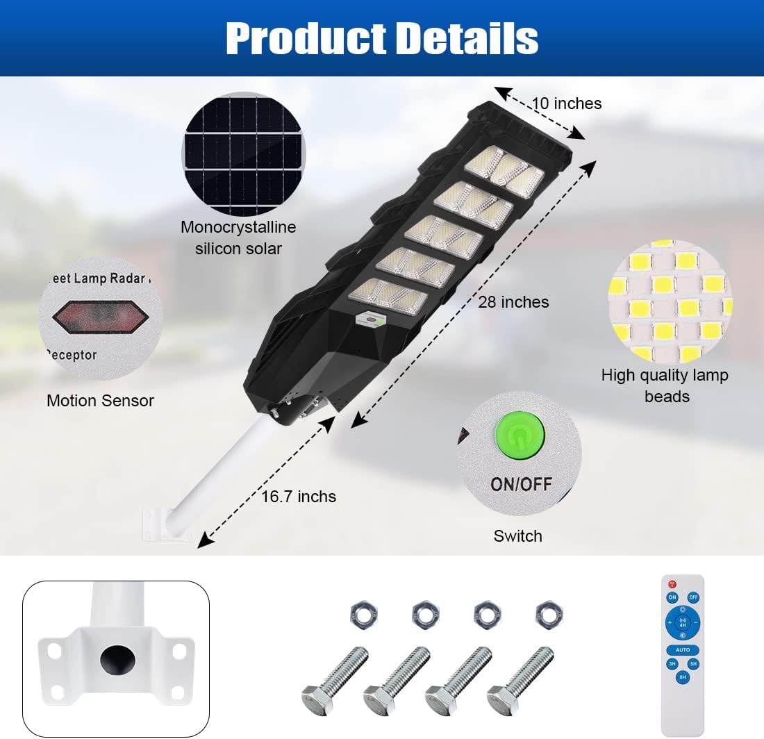 Juyace Luz solar de calle de 500 W, 825 LED, funciona con energía solar, luces de exterior del atardecer al amanecer con sensor de movimiento IP65