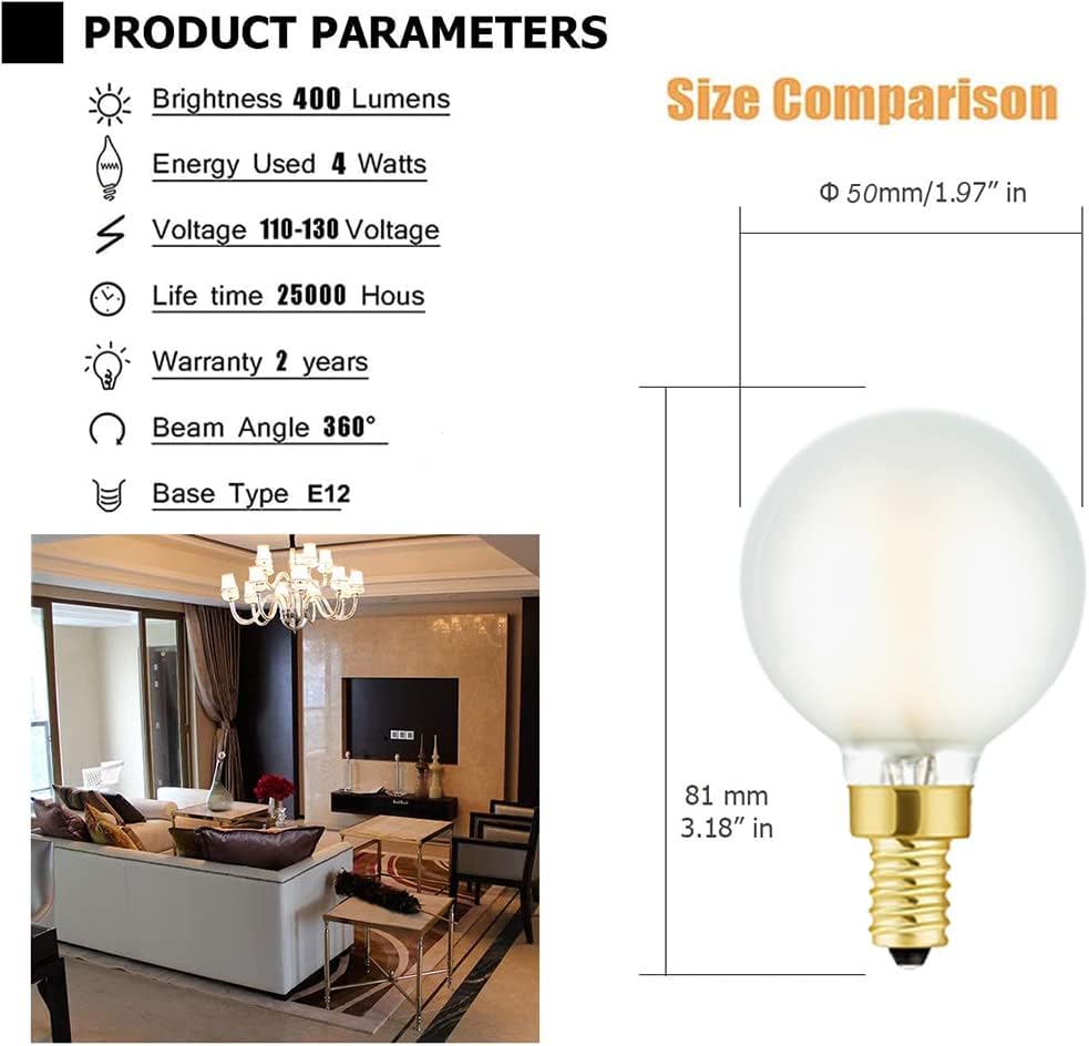 LEOOLS Bombillas LED esmeriladas E12, bombillas de candelabro regulables de 40 W, 2700 K, blanco cálido, G16.5, 4 W, E12 g50, globo vintage,
