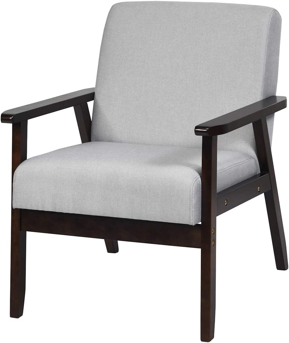 Giantex Silla decorativa moderna Mid-Century, sillón de tela retro, hecho de madera maciza, sillón tapizado de lino para sala de estar (1, gris