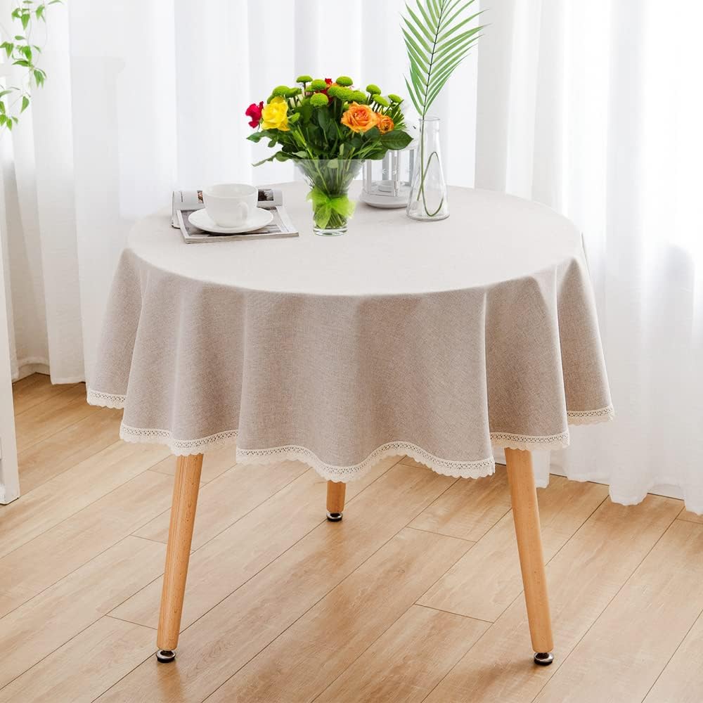 Mantel redondo de lino de arpillera, a prueba de polvo, para cocina, comedor, mesa, decoración del hogar (beige redondo de 47 pulgadas)