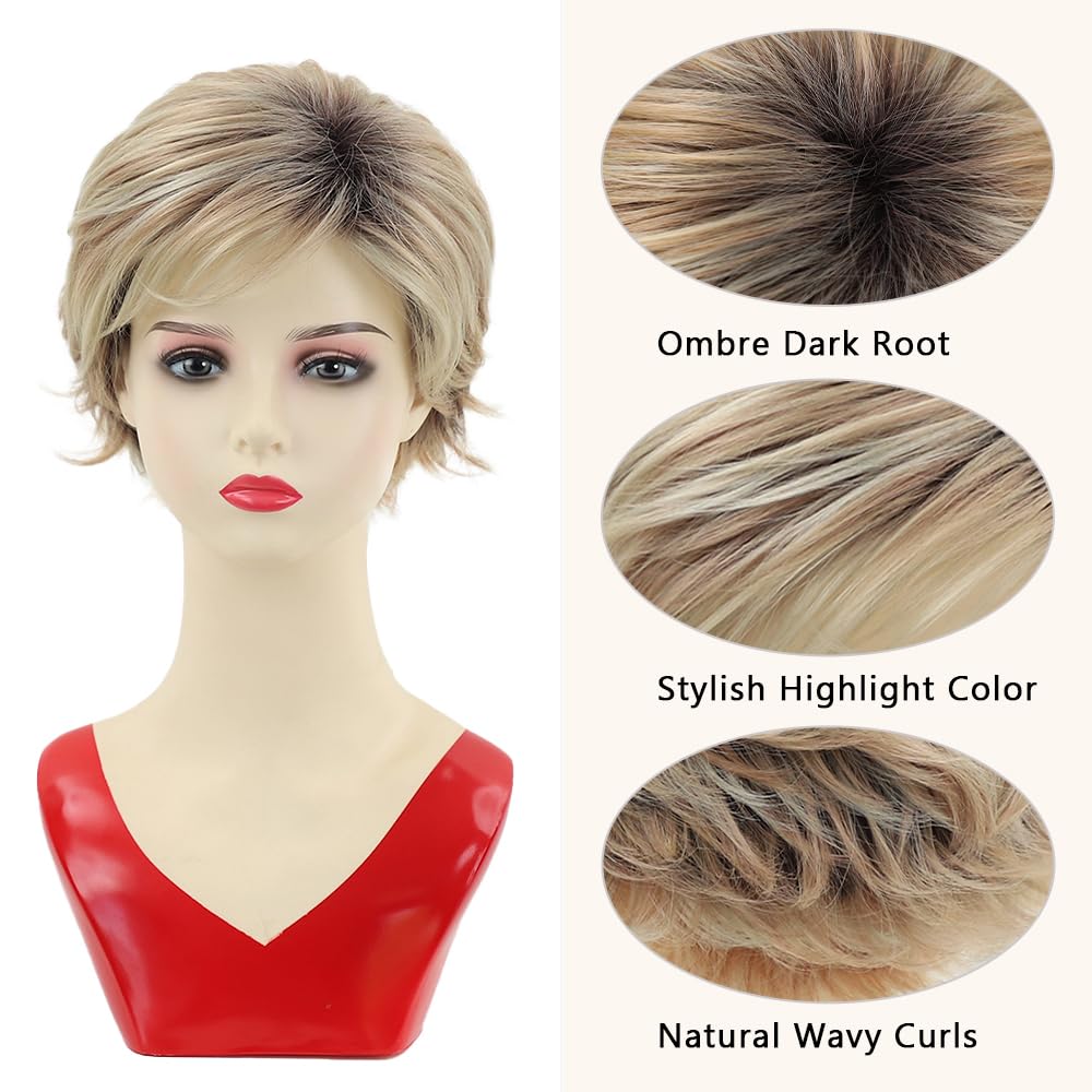 XIUFAXIRUSI XIUFAXIRUSI Pelucas cortas rubias onduladas Pixie para mujeres blancas, peluca corta con flequillo natural, pelucas sintéticas