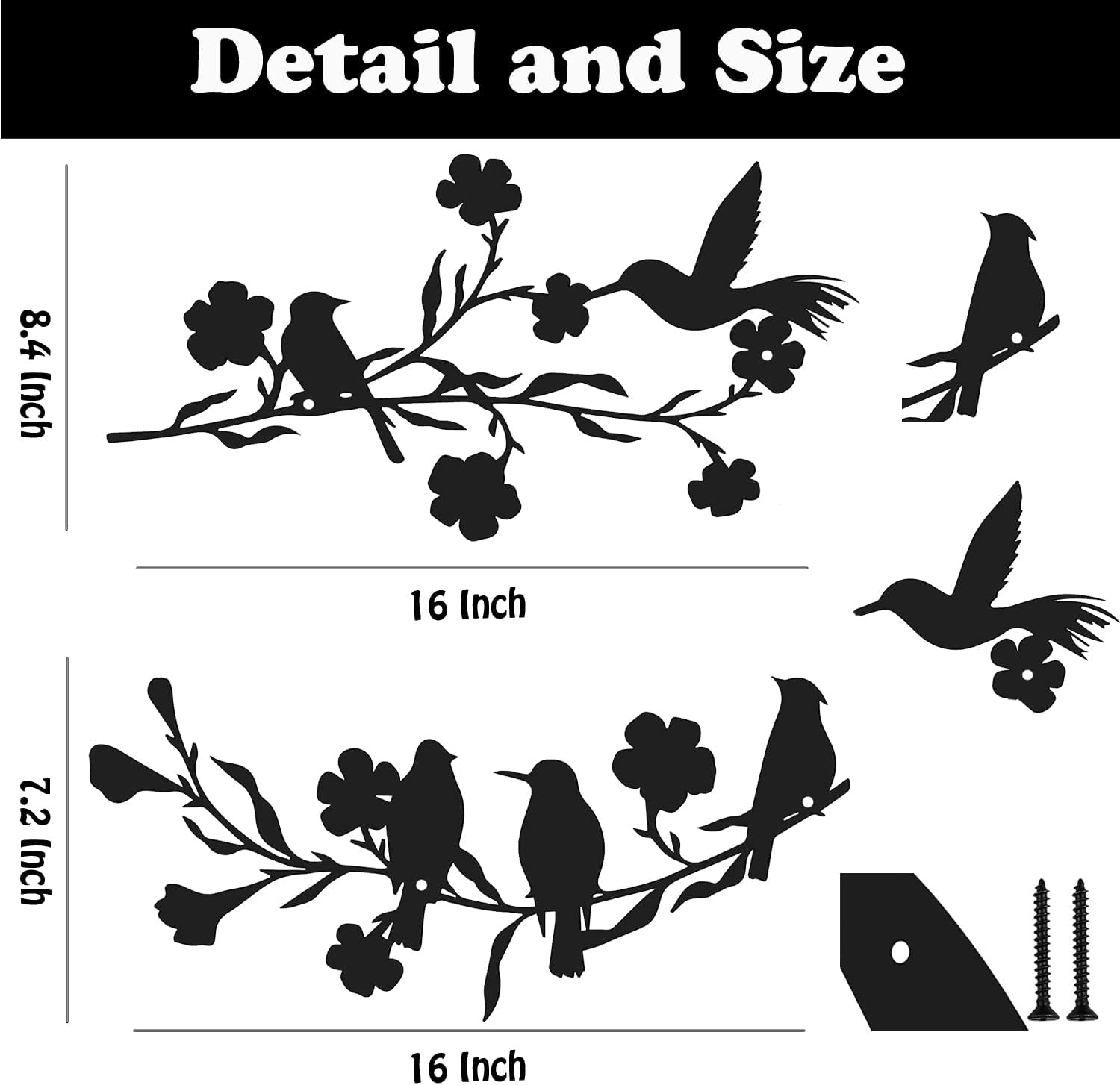 DUZYXI 2 piezas de arte de pared de pájaros de metal para decoración en rama, silueta de pájaros, escultura de pared, hojas negras, flores y arte de