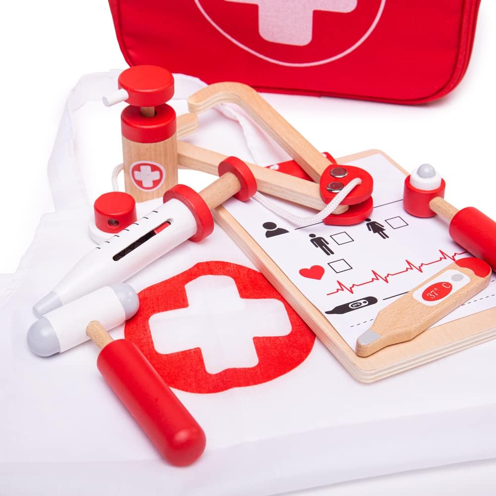 Bigjigs Toys Juego de médicos para niños, juego de médicos de madera de 10 piezas con estetoscopio para niños, termómetro, medicina y más en estuche