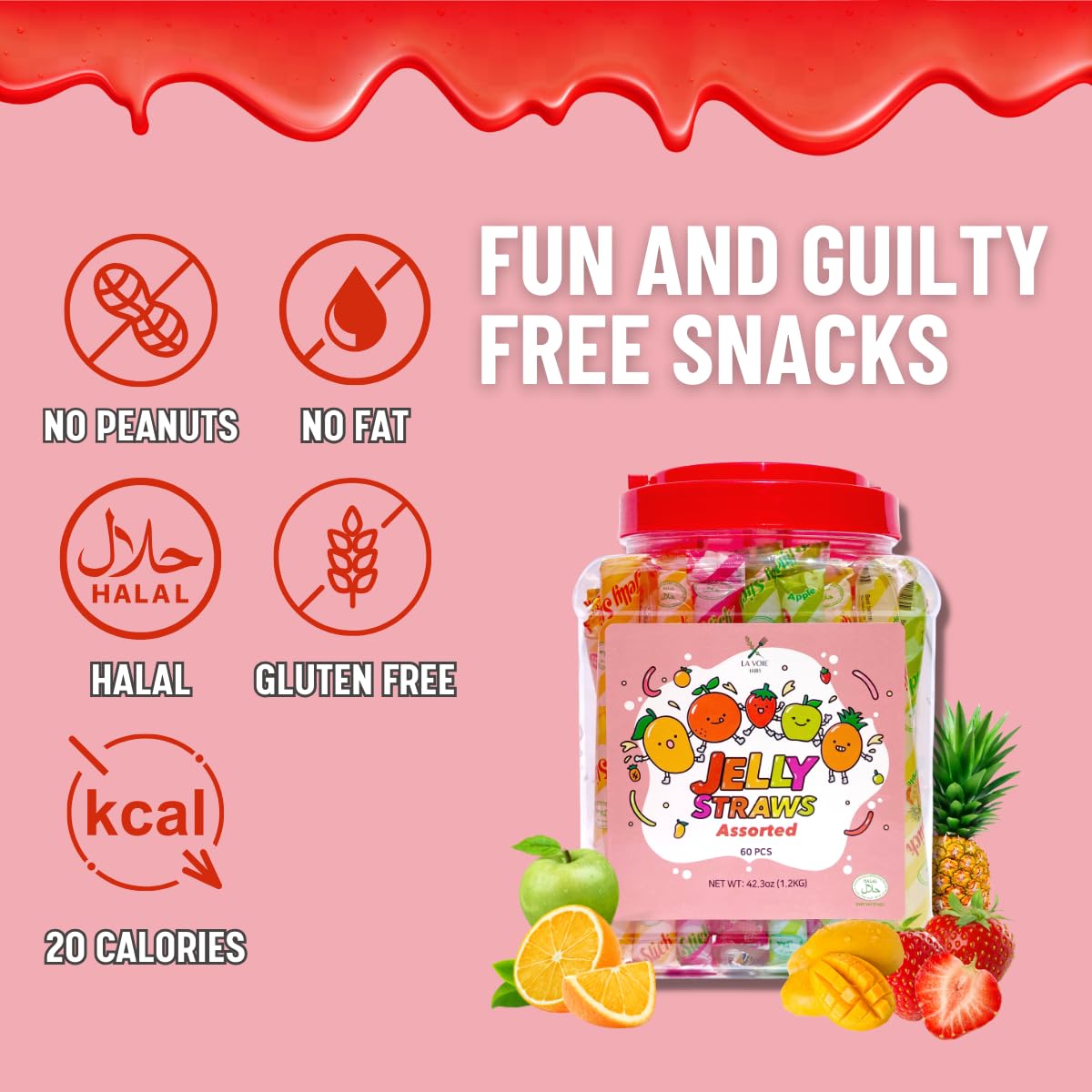 60 pajitas de gelatina de frutas, tiras rellenas de gelatina de frutas (42.3 onzas), 5 sabores surtidos de gelatina de frutas, fresa, naranja,