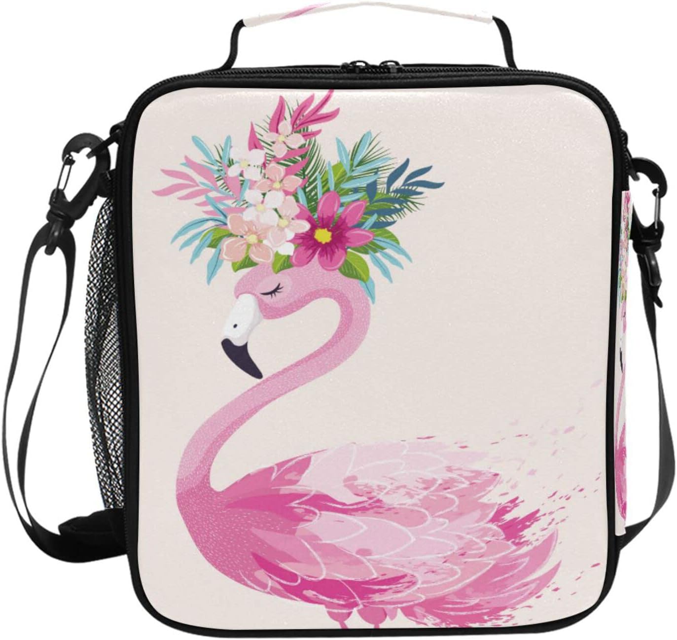 ALAZA Lonchera con diseño de flores de flamenco para niñas y niños, bolsa de almuerzo reutilizable, kit de bolsa de almuerzo congelable, correa para